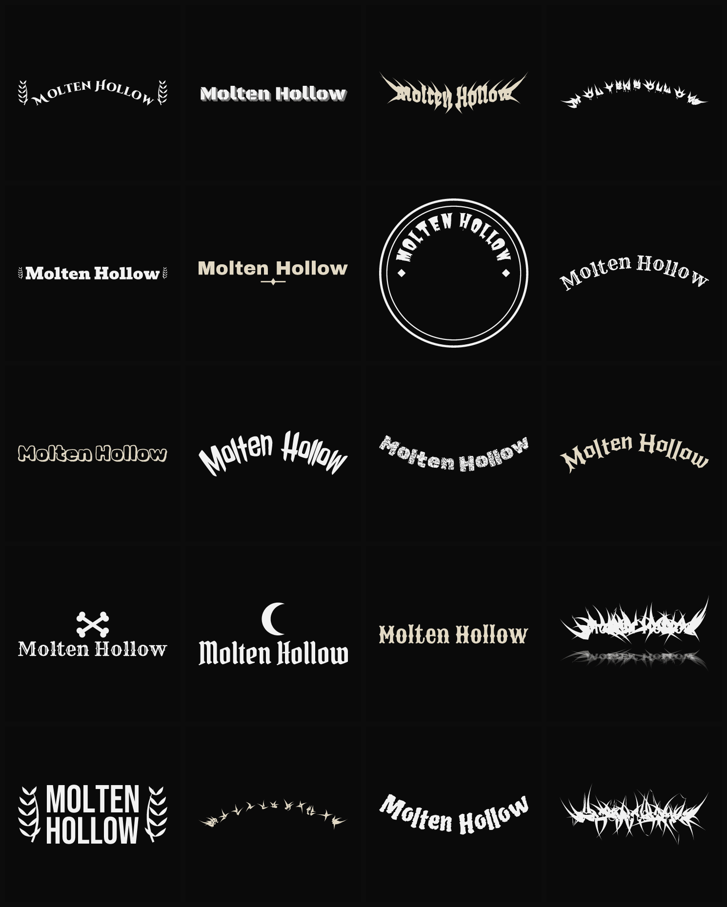 Twenty Molten Hollow band logo ideas — different faces, treatments and spike settings
