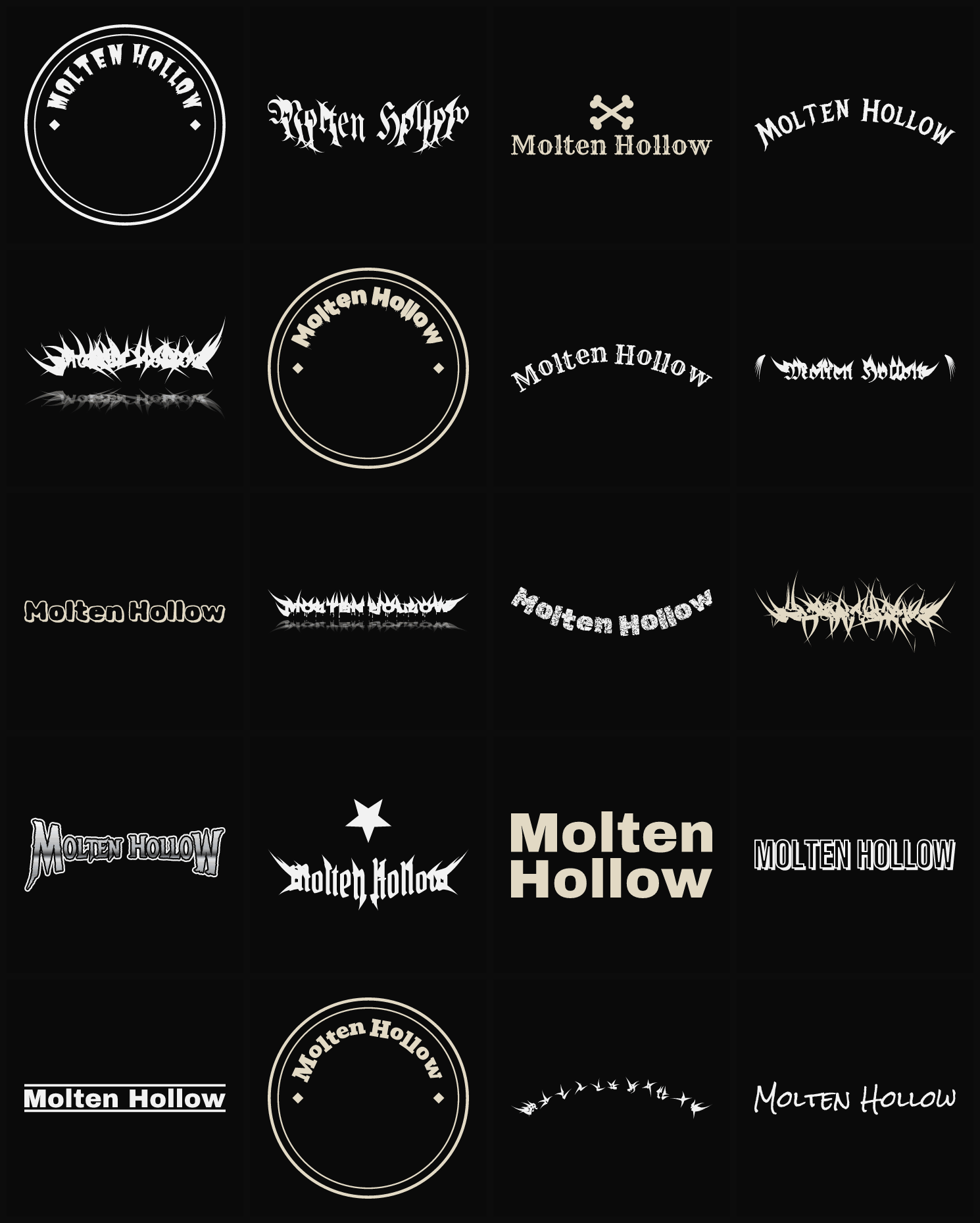 Twenty Molten Hollow band logo ideas — different faces, treatments and spike settings