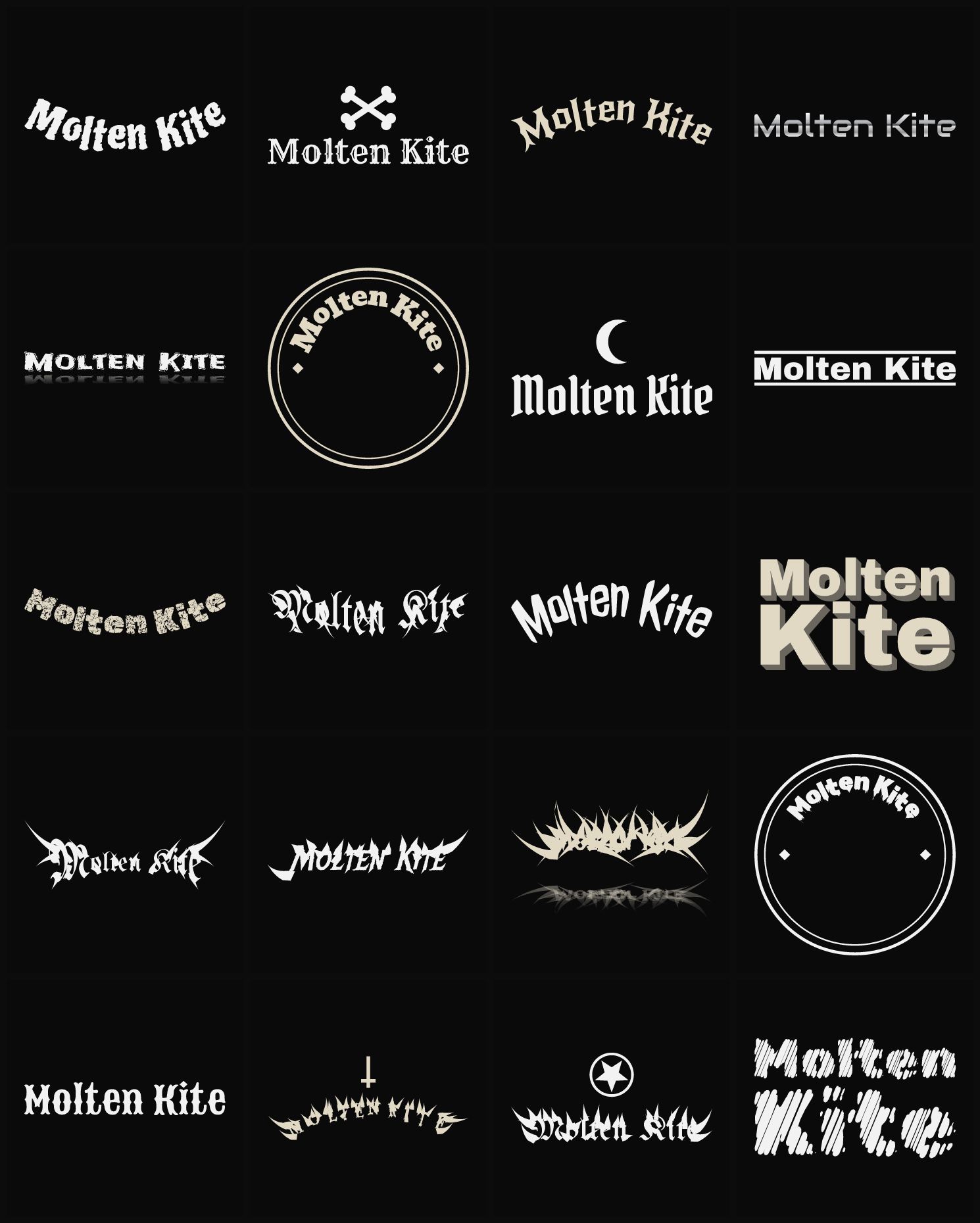 Twenty Molten Kite band logo ideas — different faces, treatments and spike settings