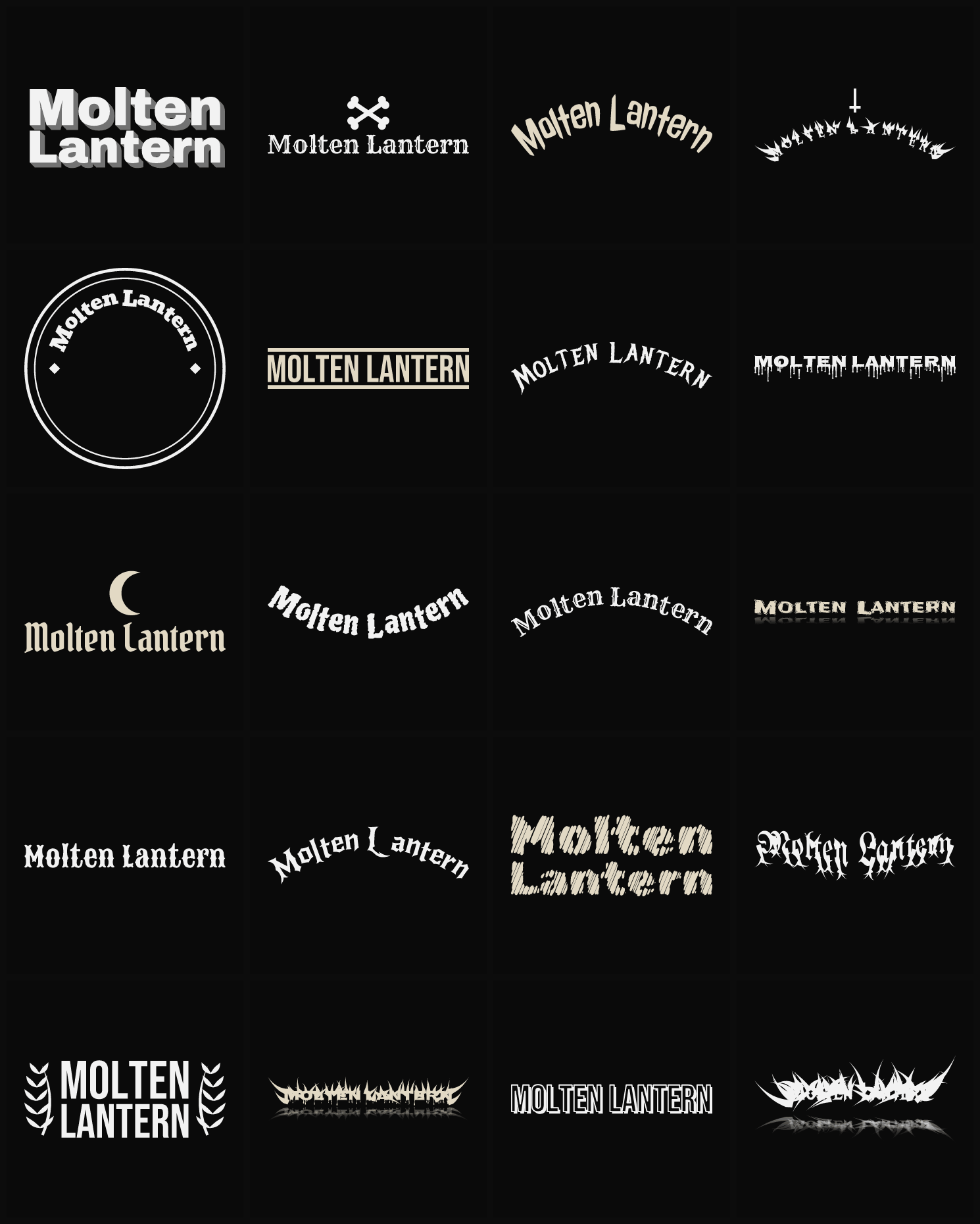 Twenty Molten Lantern band logo ideas — different faces, treatments and spike settings