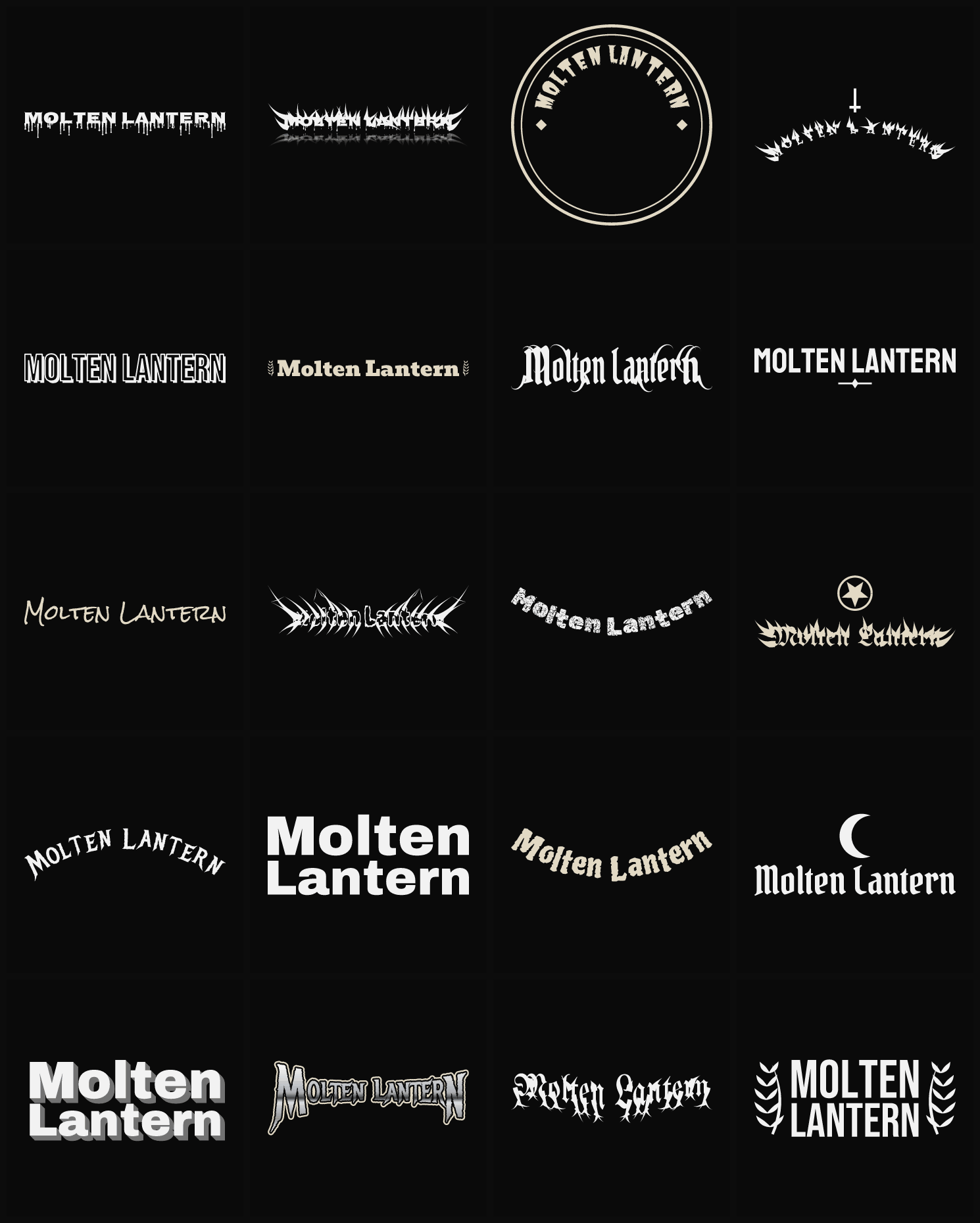 Twenty Molten Lantern band logo ideas — different faces, treatments and spike settings