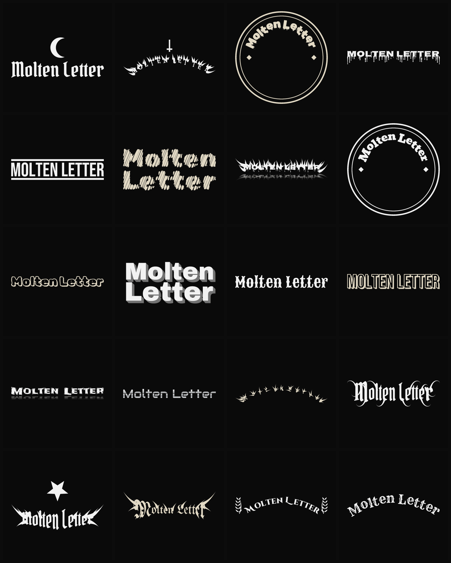 Twenty Molten Letter band logo ideas — different faces, treatments and spike settings