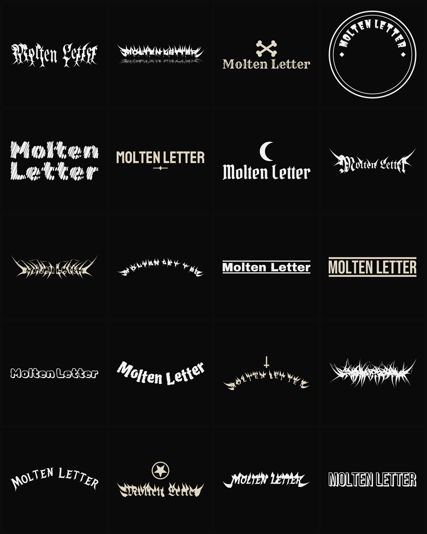 Twenty Molten Letter band logo ideas — different faces, treatments and spike settings