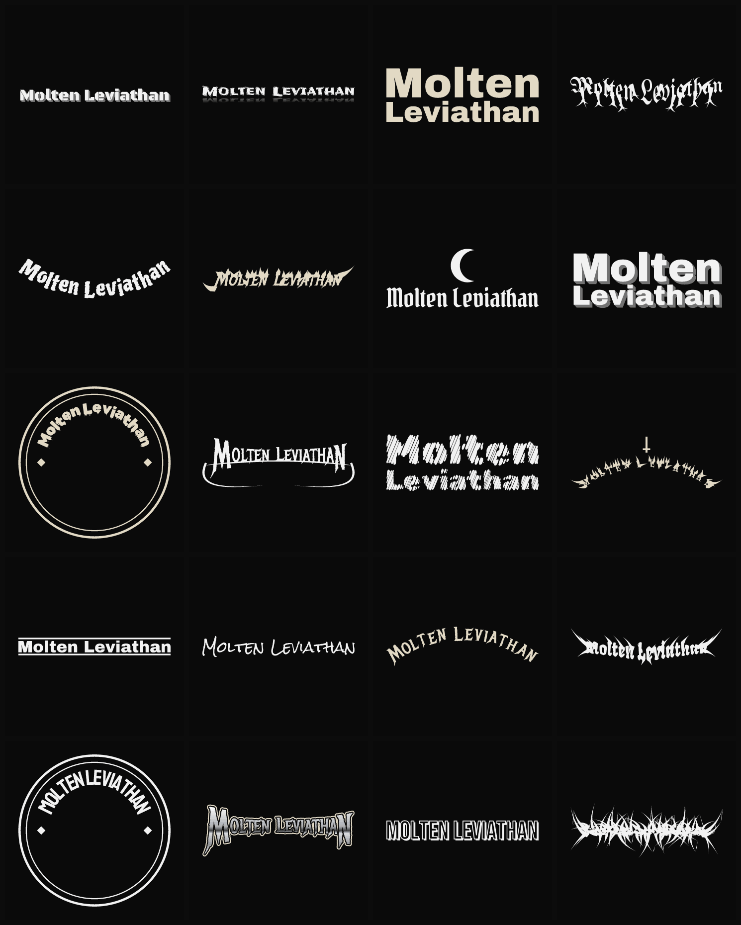 Twenty Molten Leviathan band logo ideas — different faces, treatments and spike settings