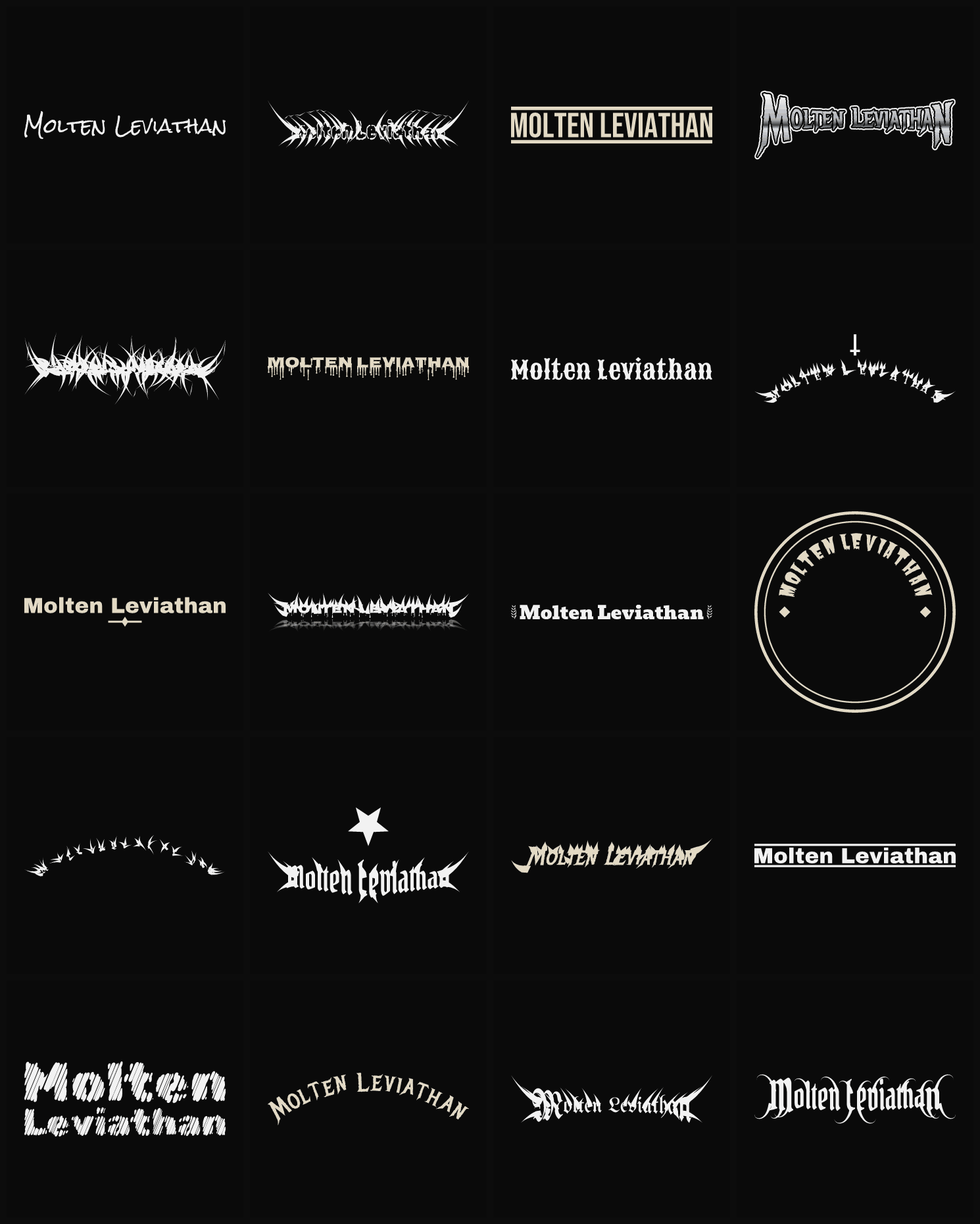 Twenty Molten Leviathan band logo ideas — different faces, treatments and spike settings