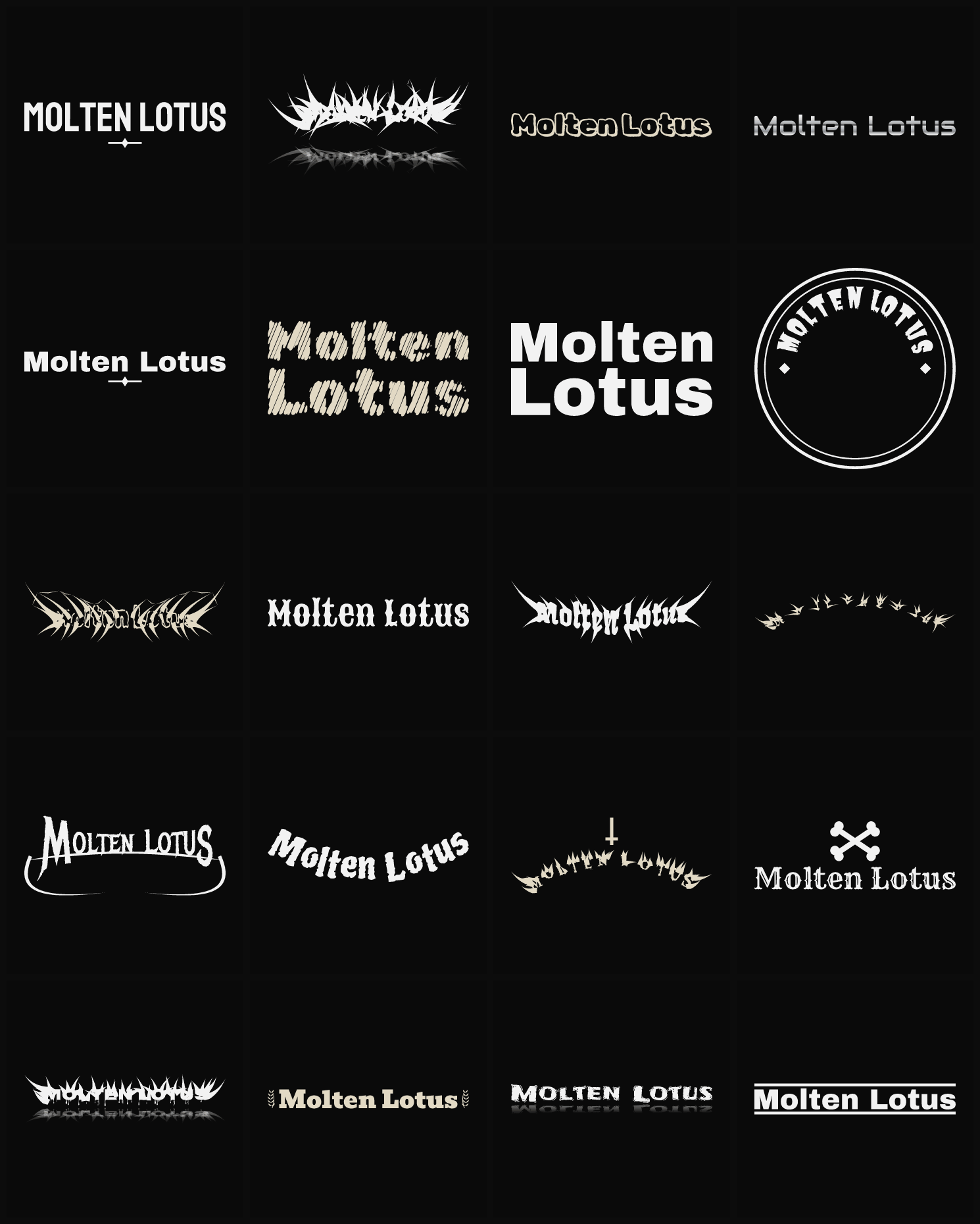 Twenty Molten Lotus band logo ideas — different faces, treatments and spike settings