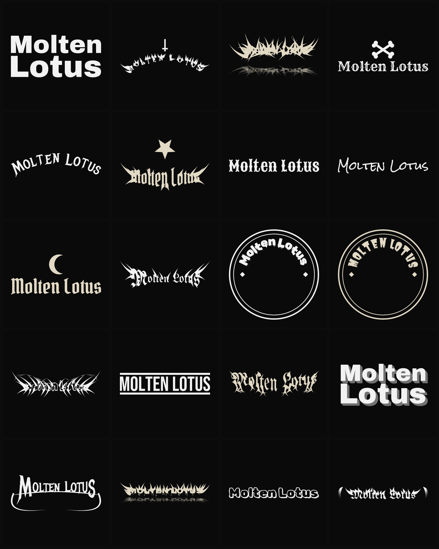 Twenty Molten Lotus band logo ideas — different faces, treatments and spike settings