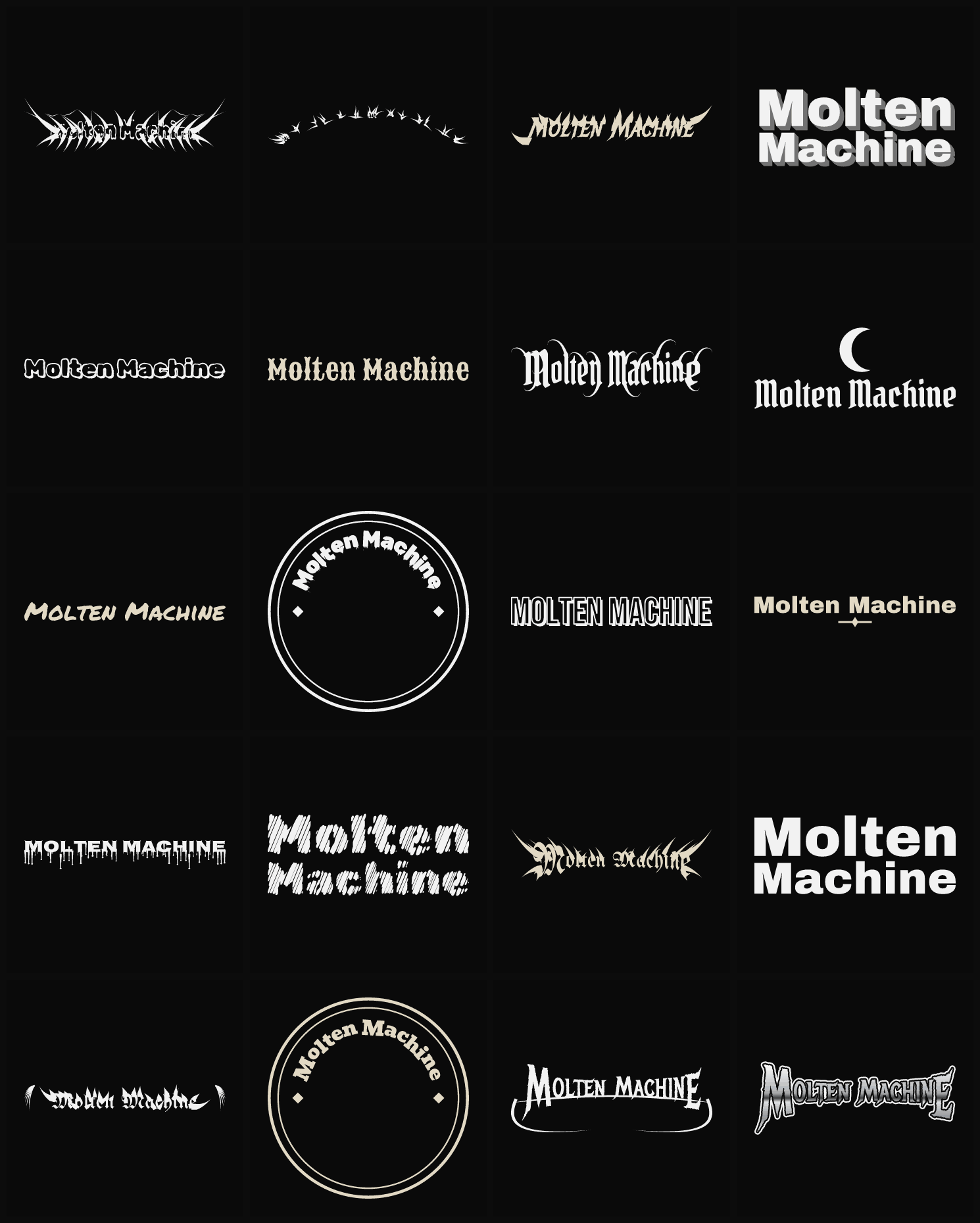 Twenty Molten Machine band logo ideas — different faces, treatments and spike settings