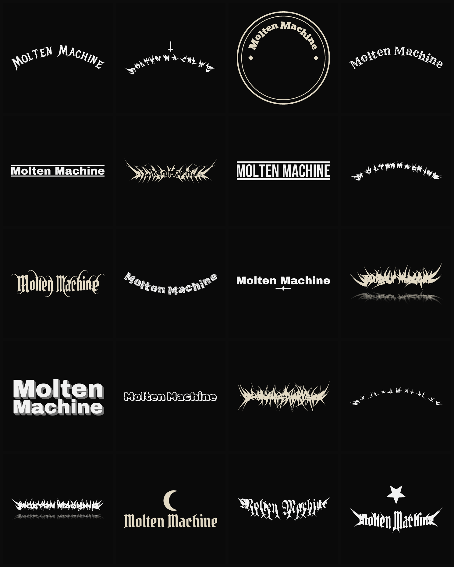 Twenty Molten Machine band logo ideas — different faces, treatments and spike settings
