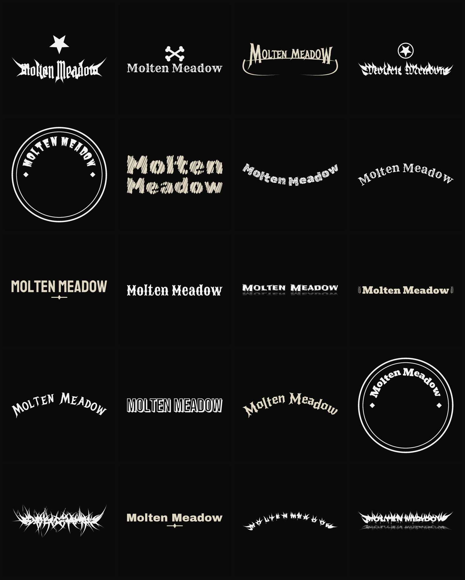 Twenty Molten Meadow band logo ideas — different faces, treatments and spike settings