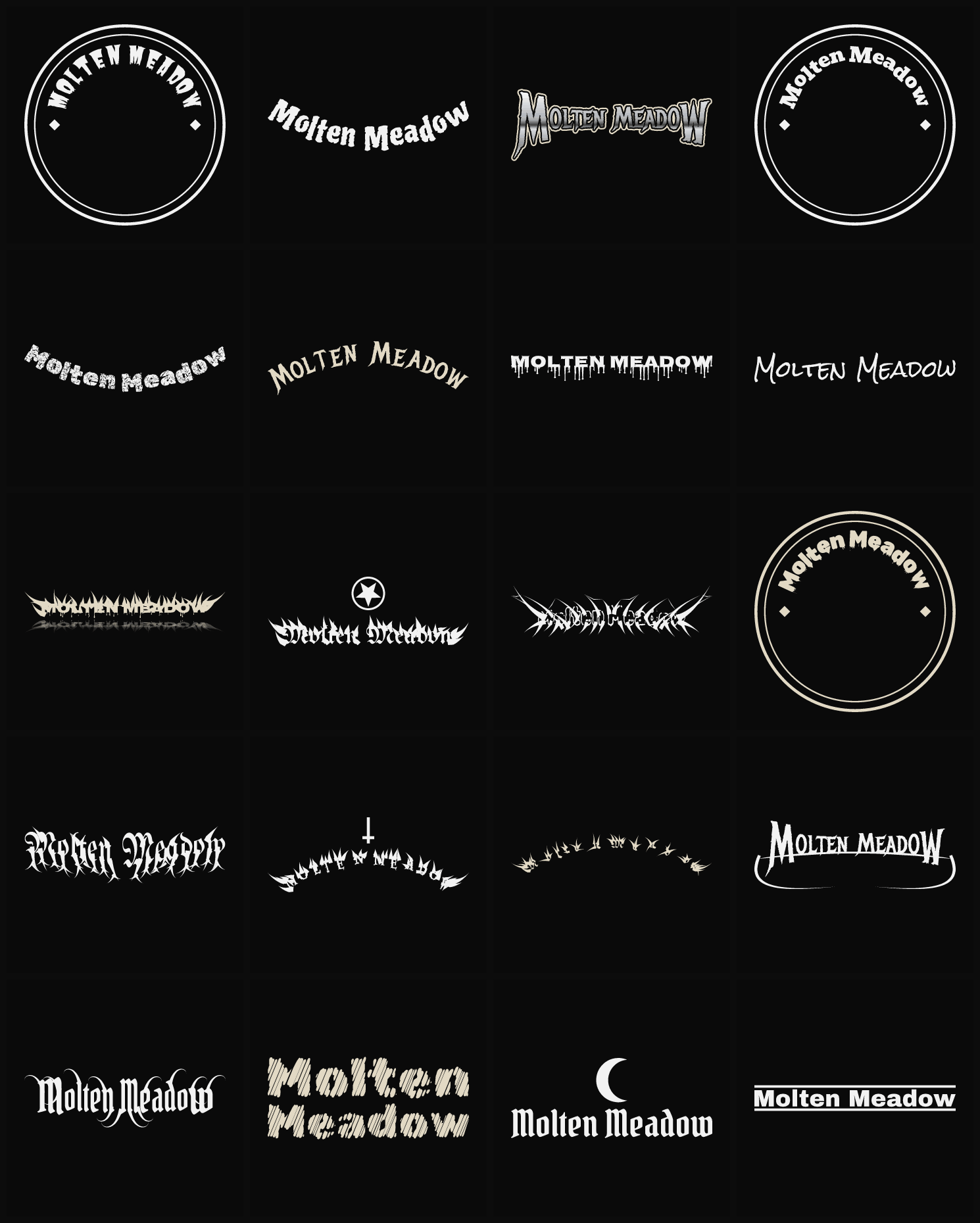 Twenty Molten Meadow band logo ideas — different faces, treatments and spike settings