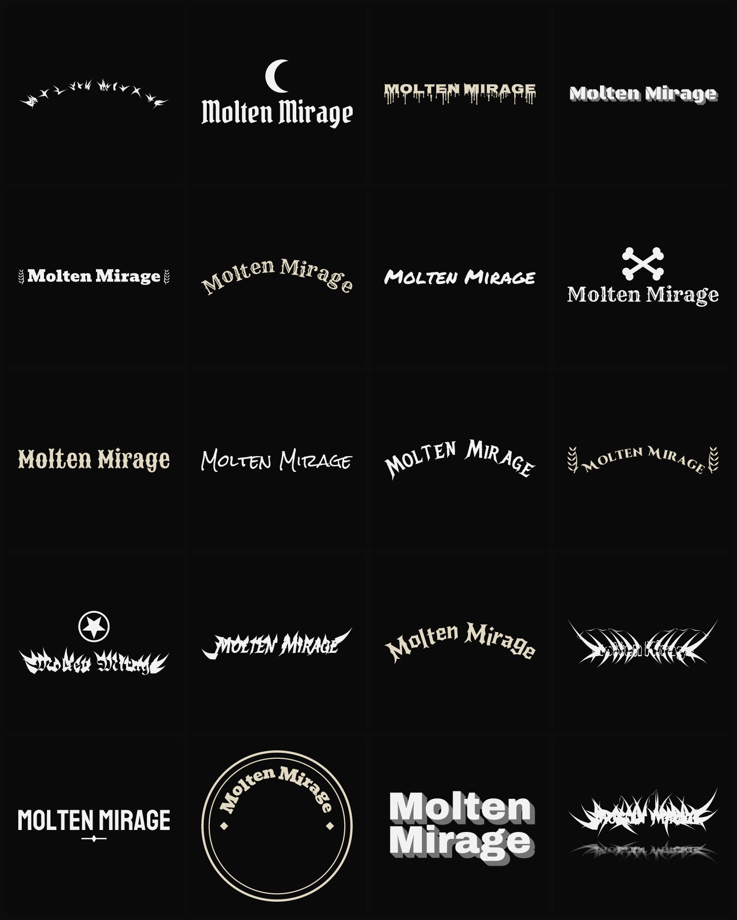Twenty Molten Mirage band logo ideas — different faces, treatments and spike settings