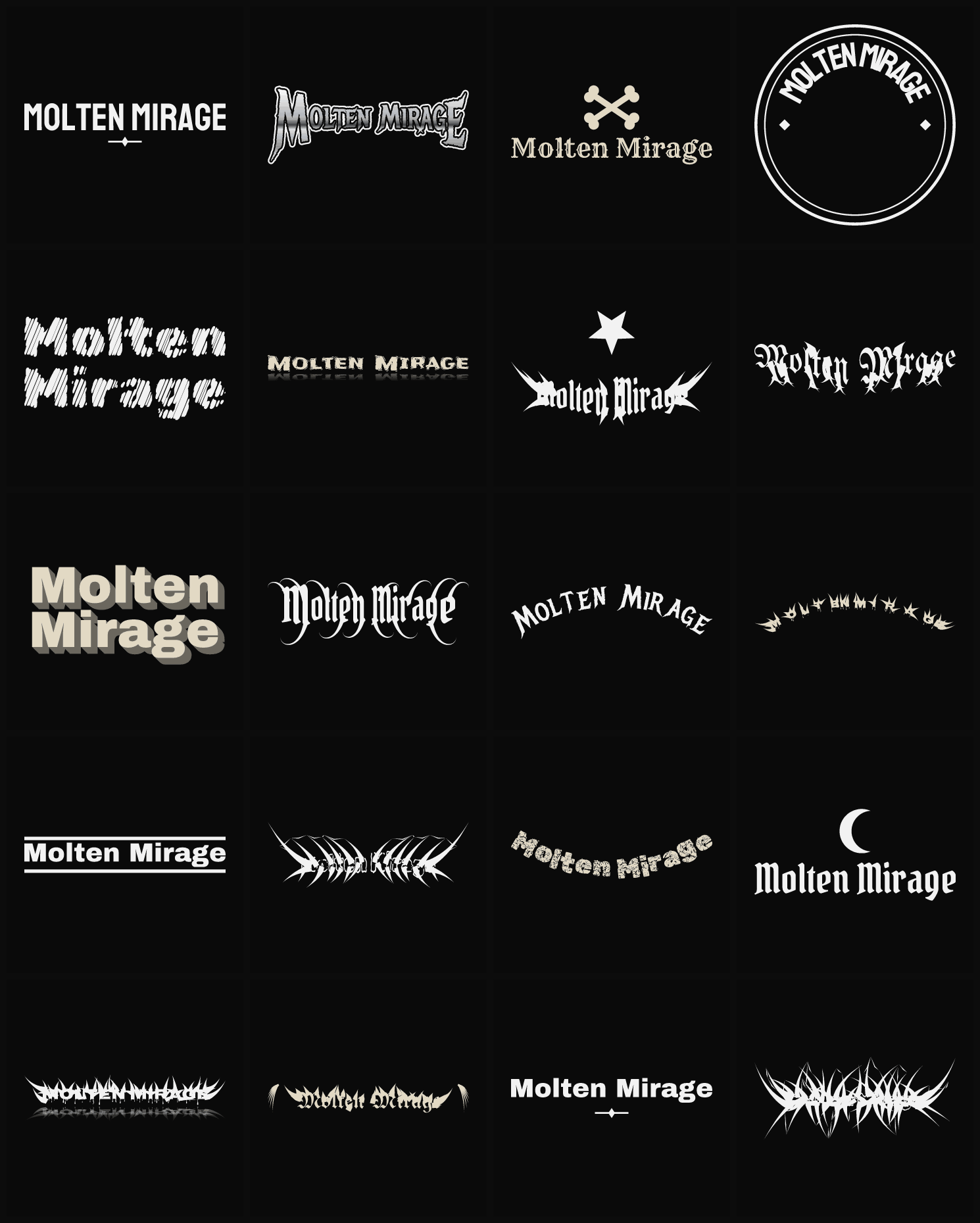 Twenty Molten Mirage band logo ideas — different faces, treatments and spike settings
