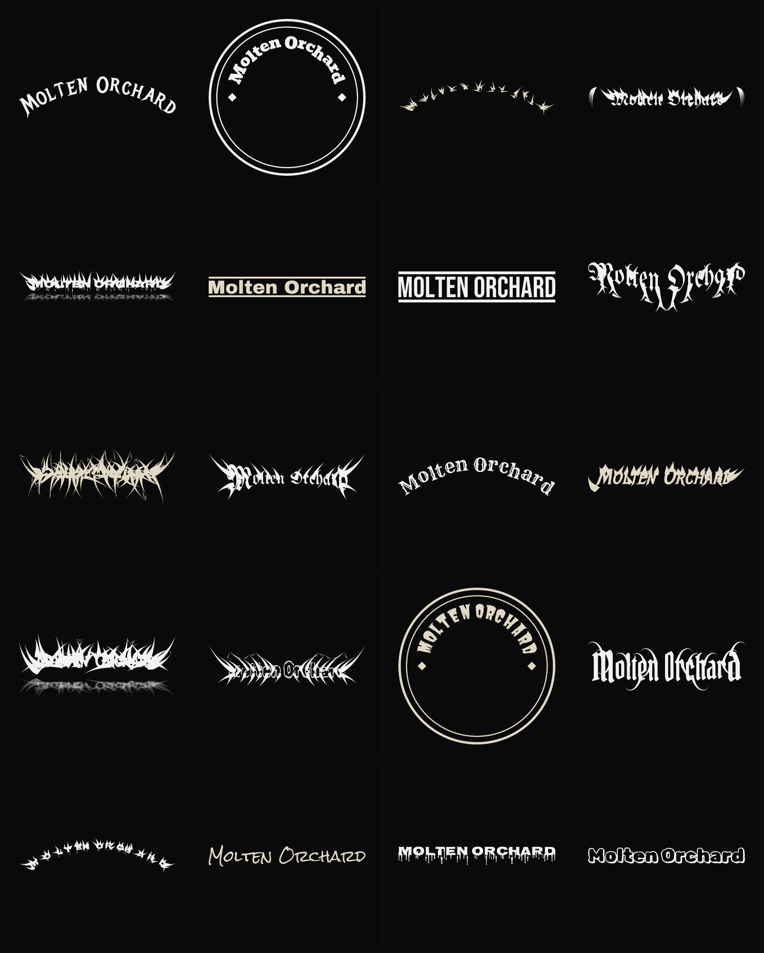 Twenty Molten Orchard band logo ideas — different faces, treatments and spike settings
