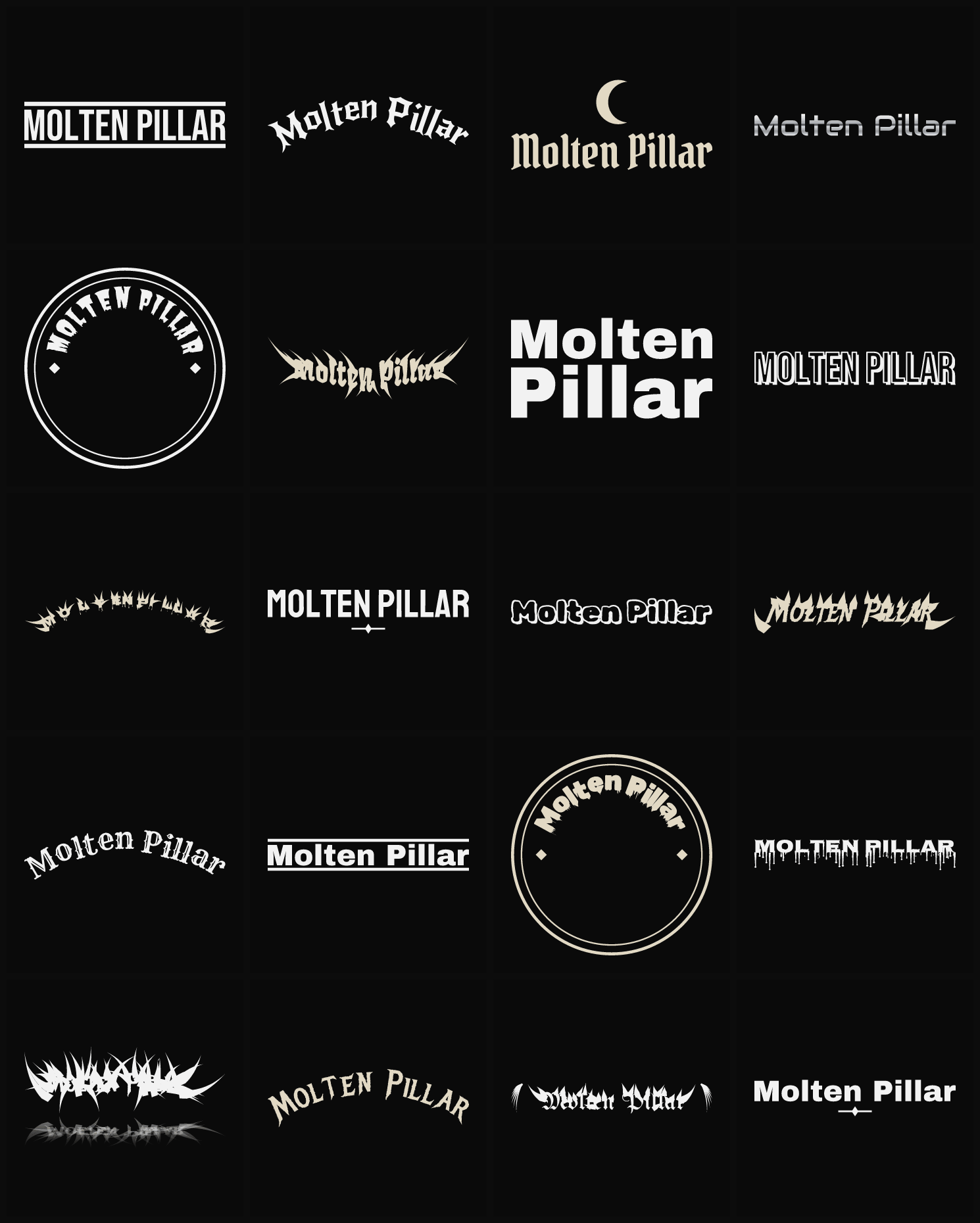 Twenty Molten Pillar band logo ideas — different faces, treatments and spike settings