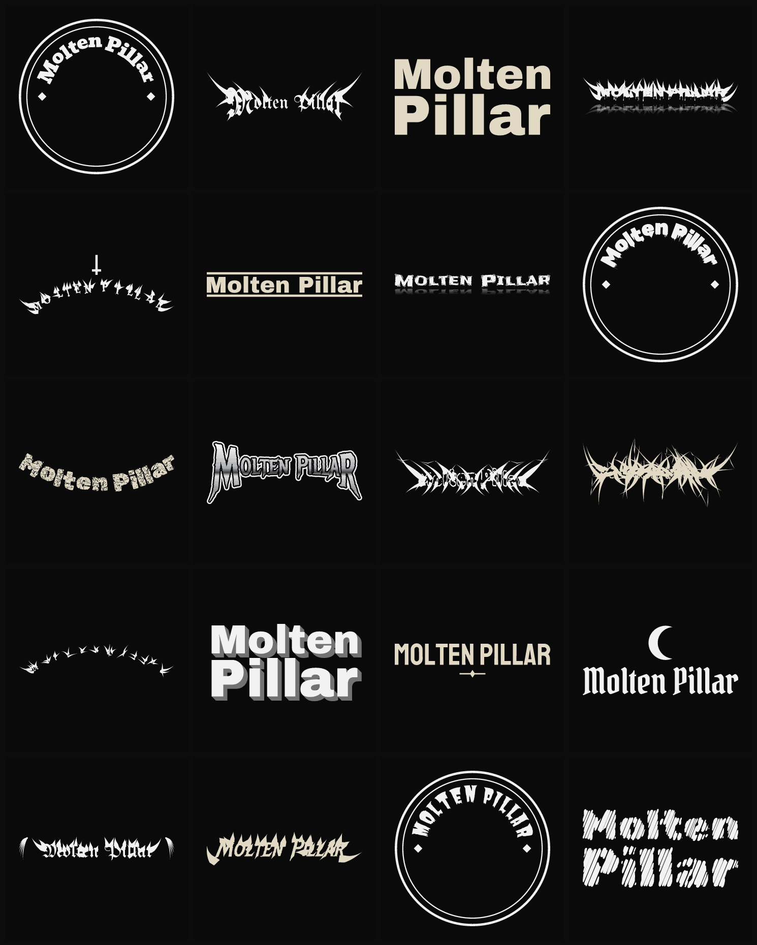 Twenty Molten Pillar band logo ideas — different faces, treatments and spike settings