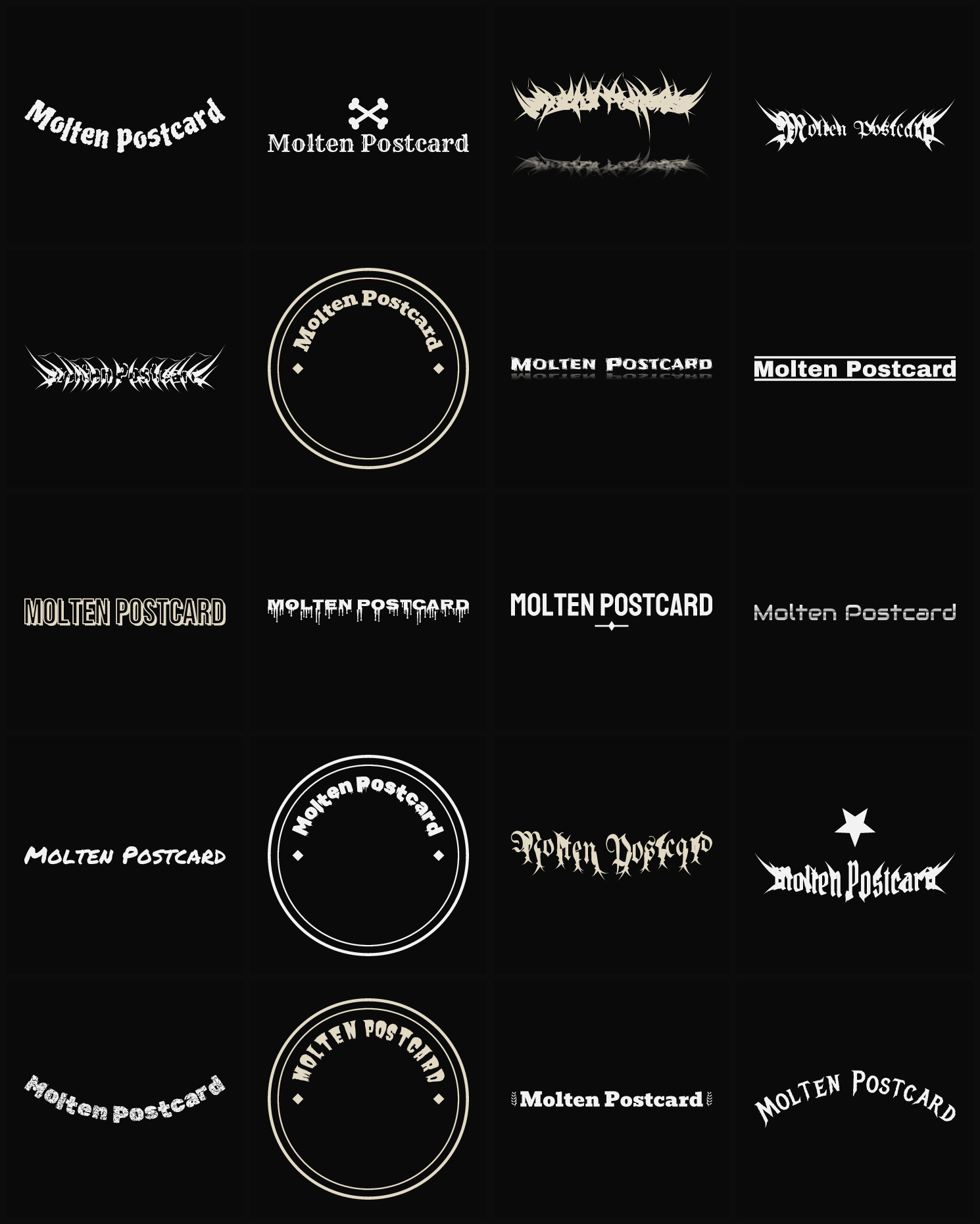 Twenty Molten Postcard band logo ideas — different faces, treatments and spike settings
