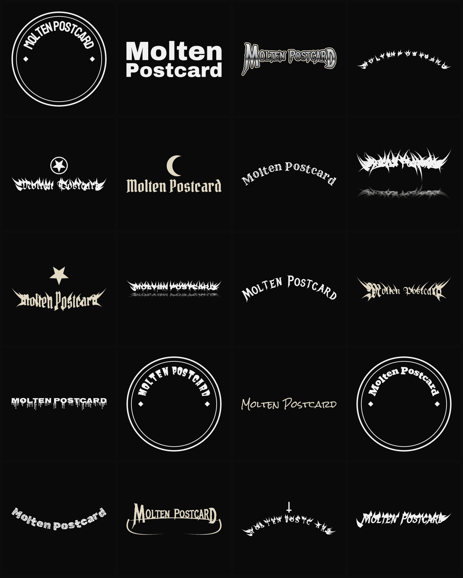 Twenty Molten Postcard band logo ideas — different faces, treatments and spike settings