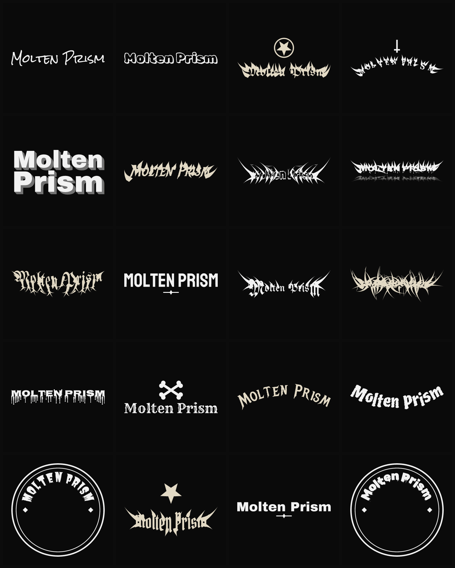 Twenty Molten Prism band logo ideas — different faces, treatments and spike settings