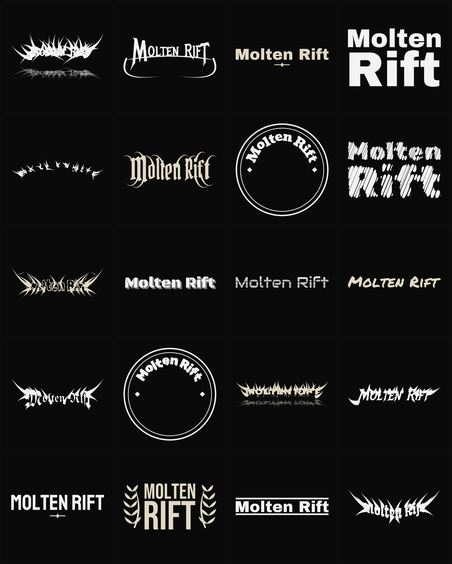 Twenty Molten Rift band logo ideas — different faces, treatments and spike settings