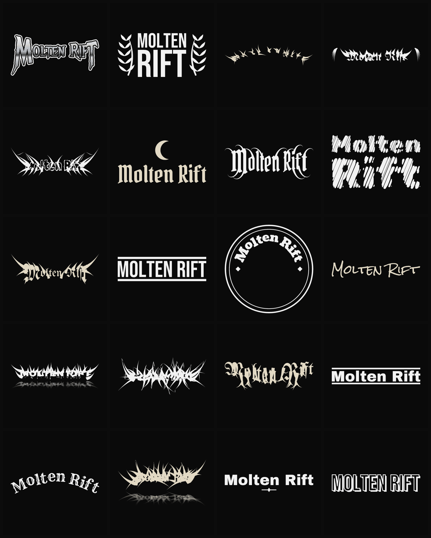 Twenty Molten Rift band logo ideas — different faces, treatments and spike settings