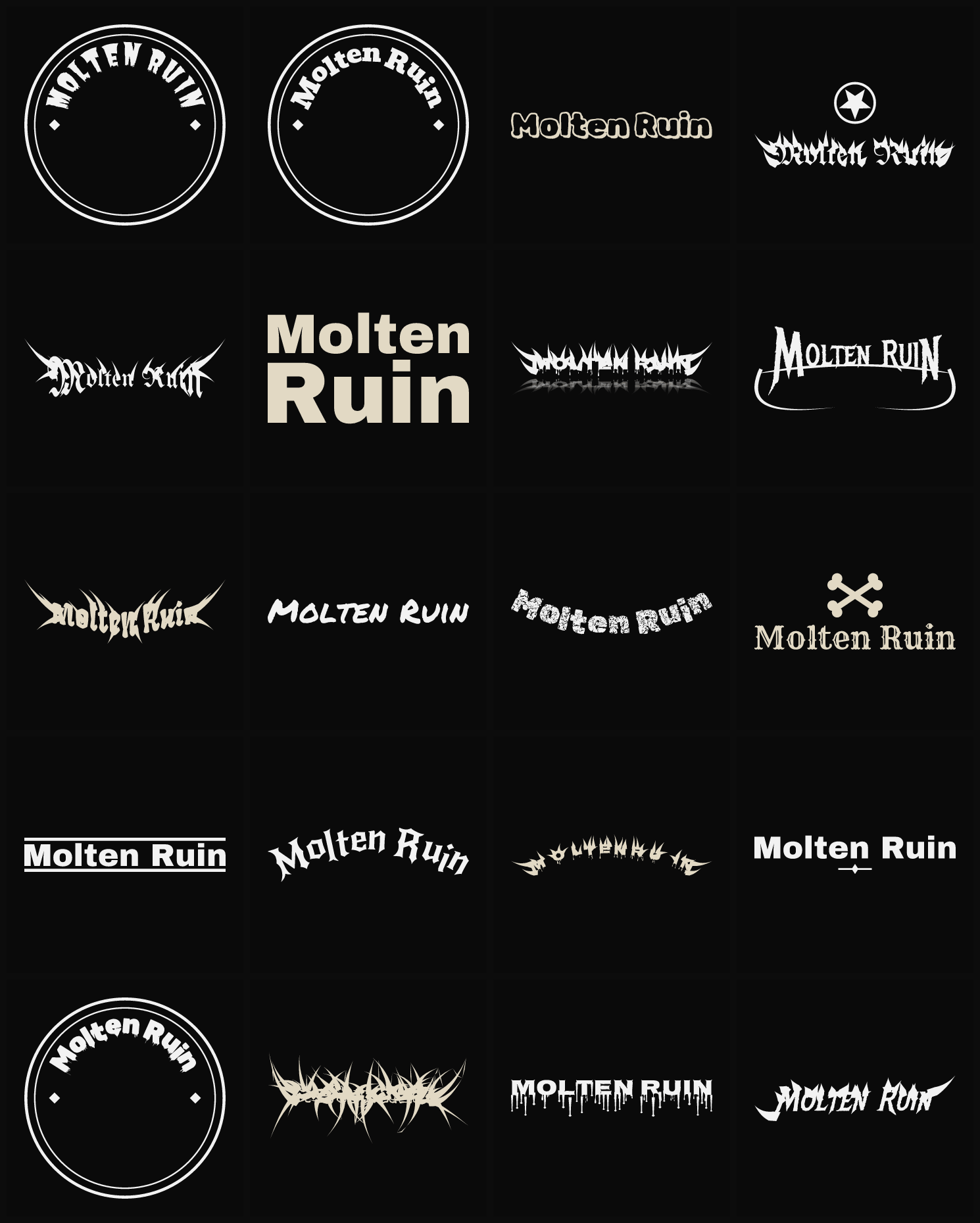 Twenty Molten Ruin band logo ideas — different faces, treatments and spike settings