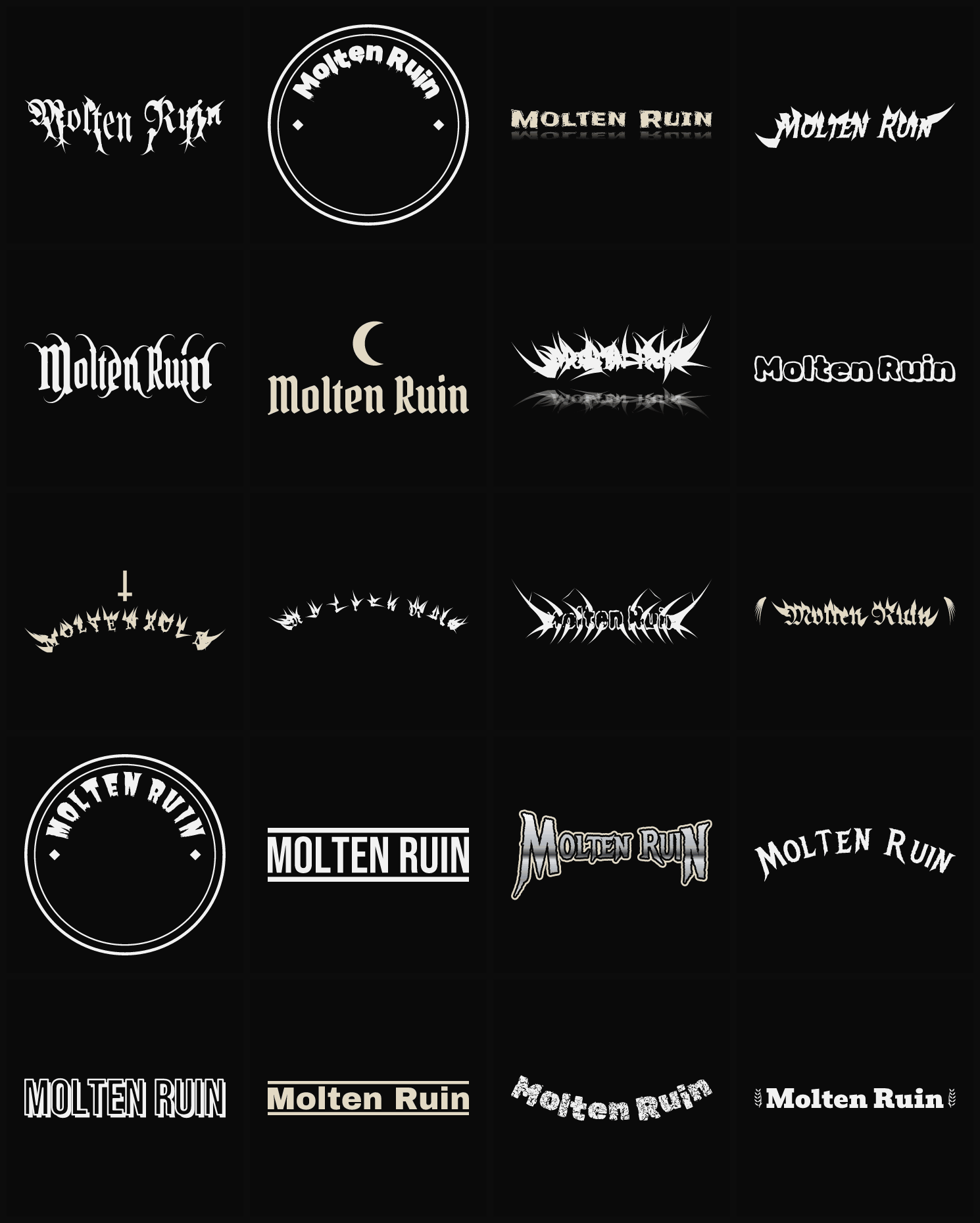 Twenty Molten Ruin band logo ideas — different faces, treatments and spike settings