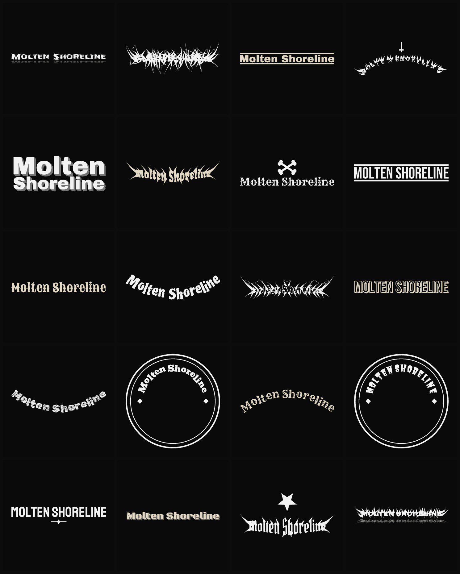 Twenty Molten Shoreline band logo ideas — different faces, treatments and spike settings