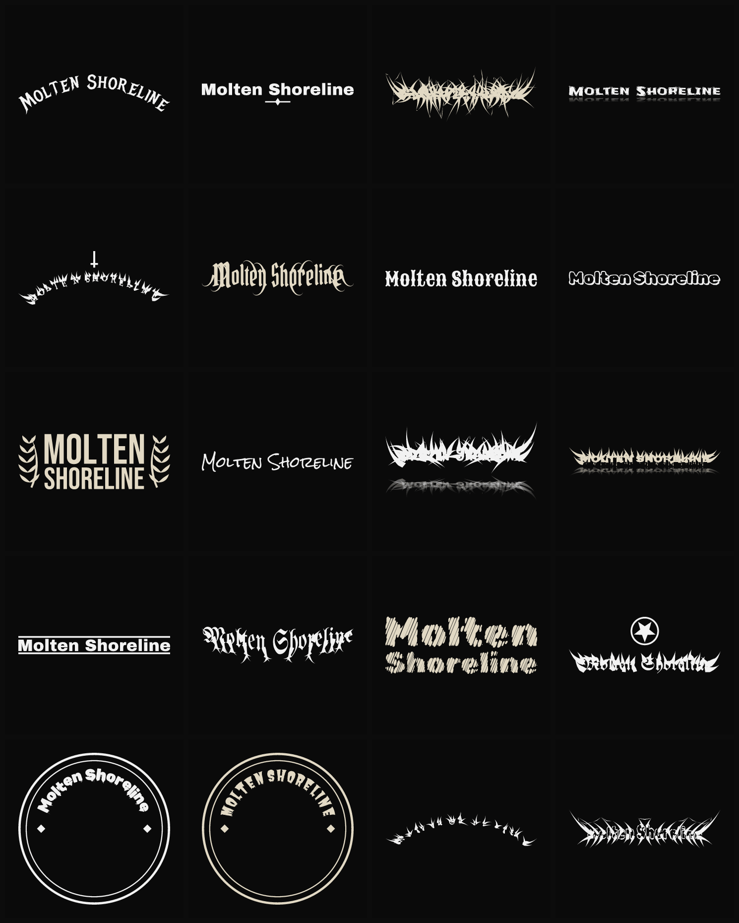 Twenty Molten Shoreline band logo ideas — different faces, treatments and spike settings