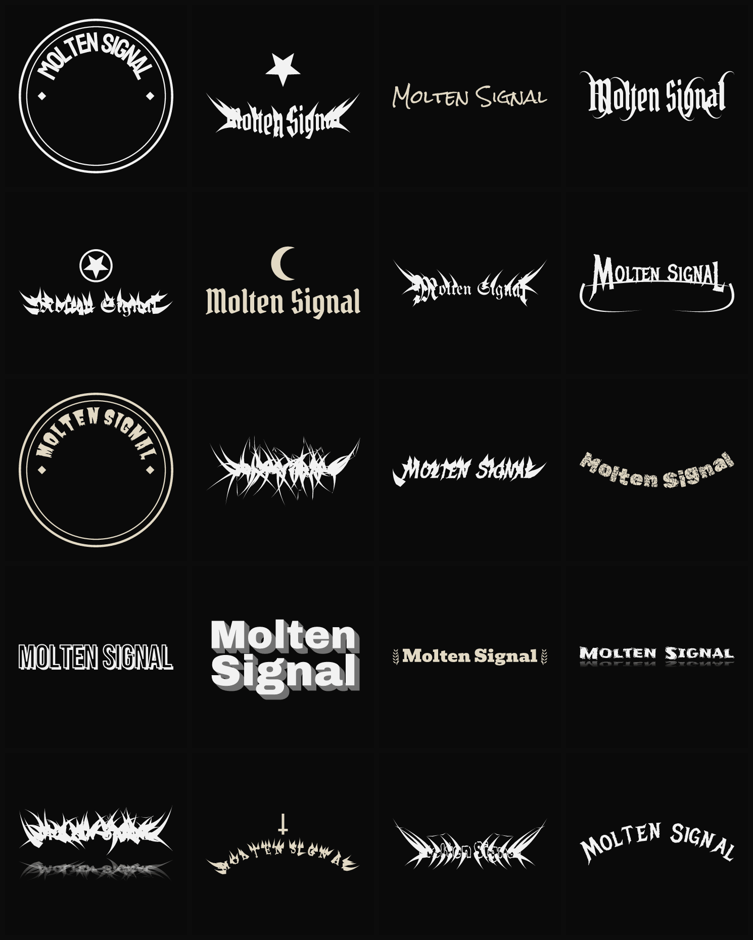 Twenty Molten Signal band logo ideas — different faces, treatments and spike settings