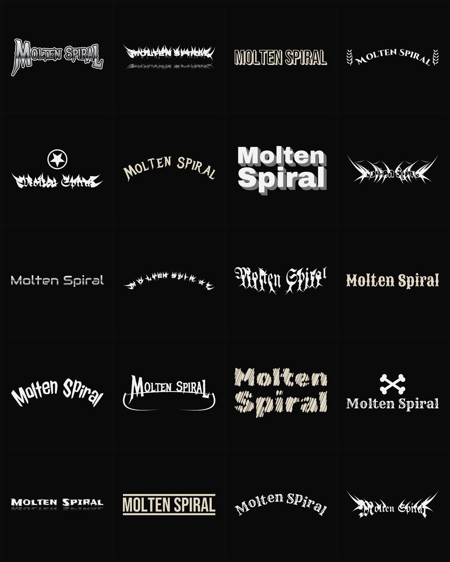 Twenty Molten Spiral band logo ideas — different faces, treatments and spike settings