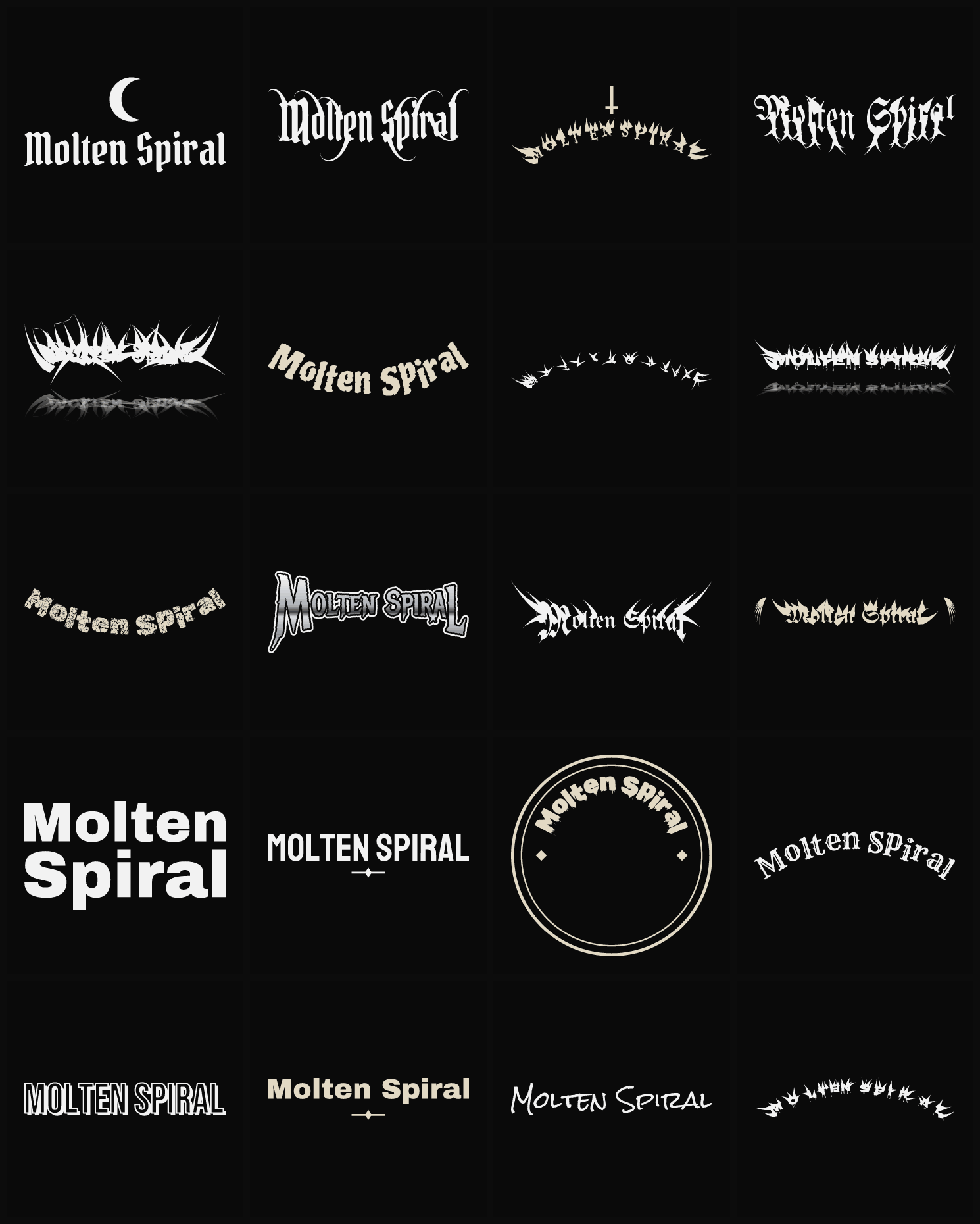 Twenty Molten Spiral band logo ideas — different faces, treatments and spike settings