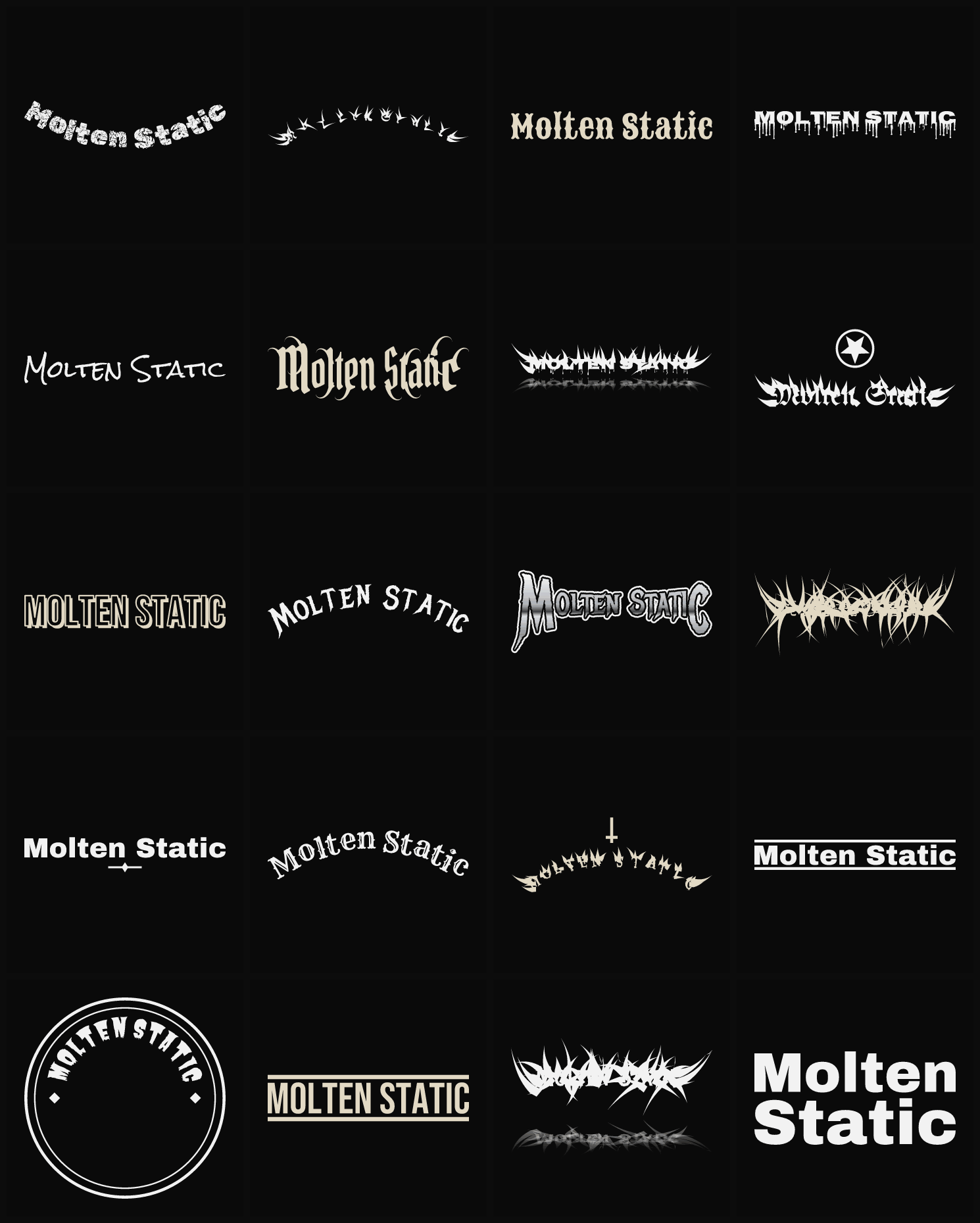Twenty Molten Static band logo ideas — different faces, treatments and spike settings
