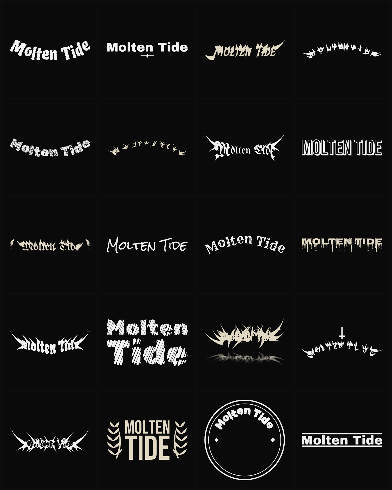 Twenty Molten Tide band logo ideas — different faces, treatments and spike settings