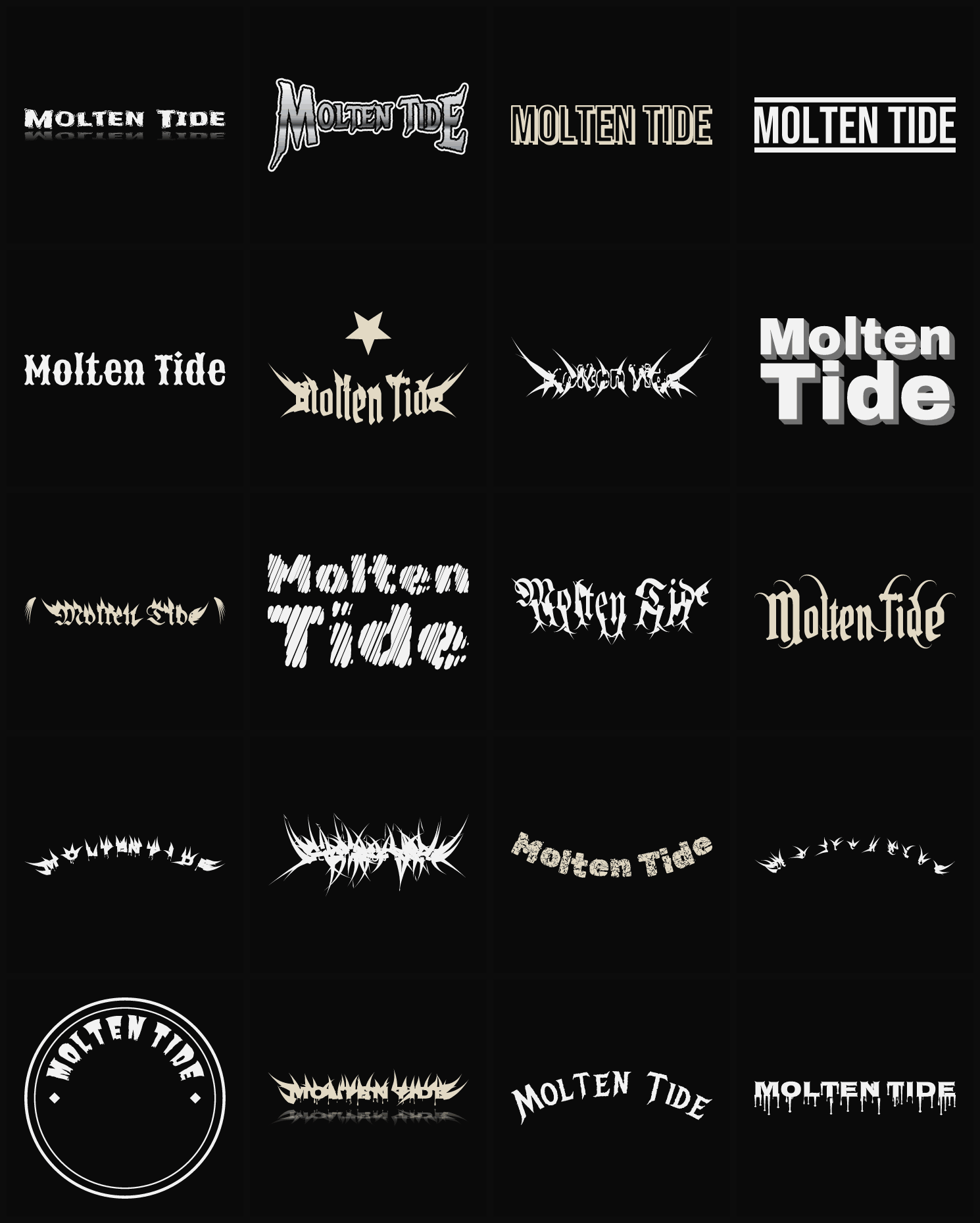 Twenty Molten Tide band logo ideas — different faces, treatments and spike settings