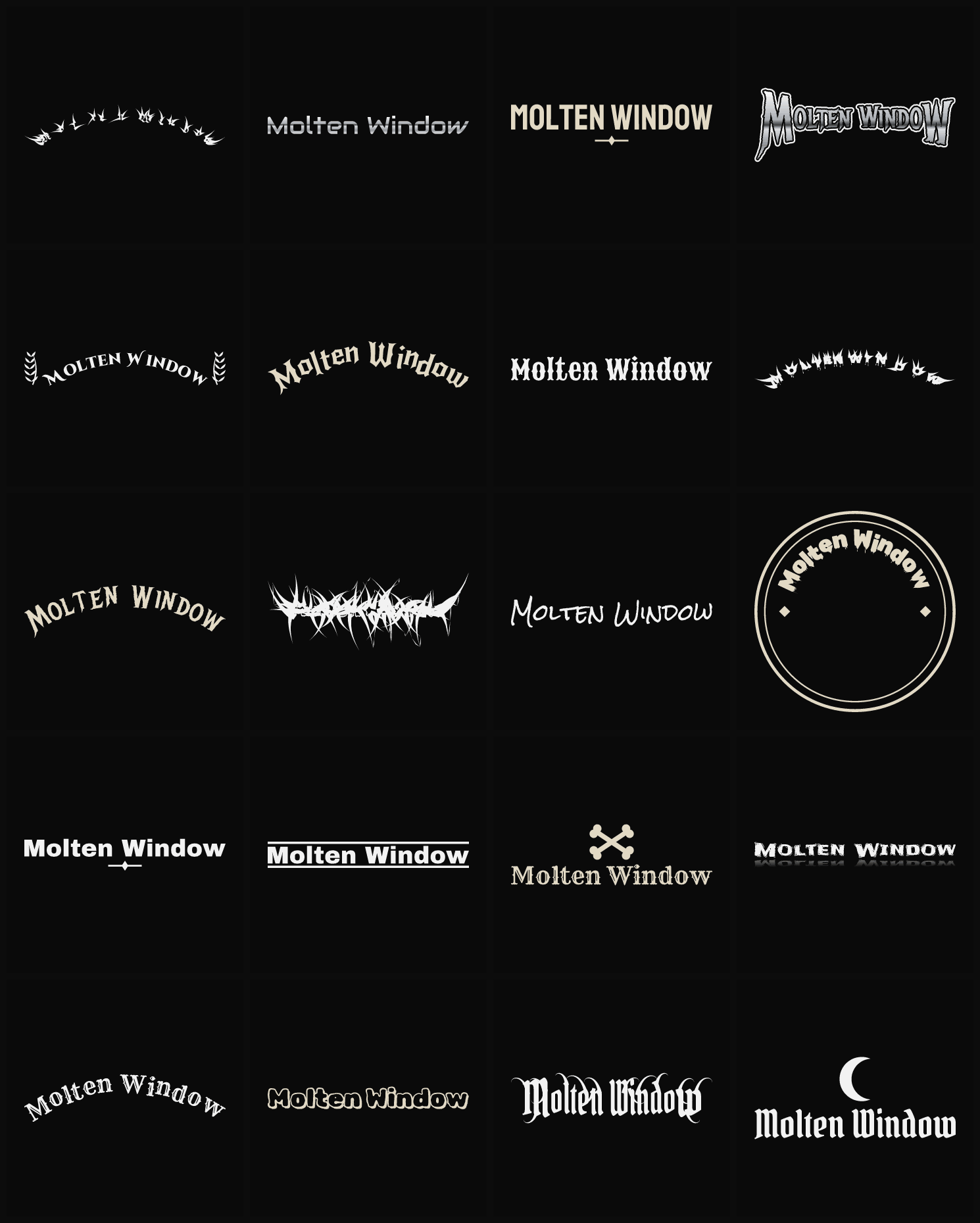 Twenty Molten Window band logo ideas — different faces, treatments and spike settings