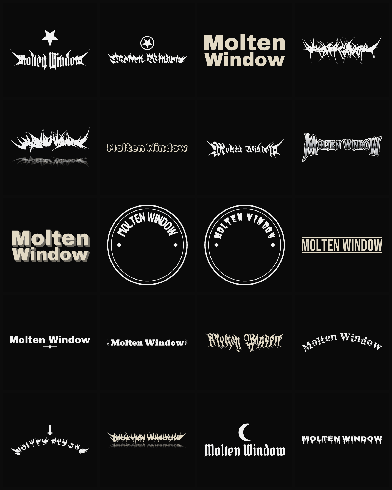 Twenty Molten Window band logo ideas — different faces, treatments and spike settings