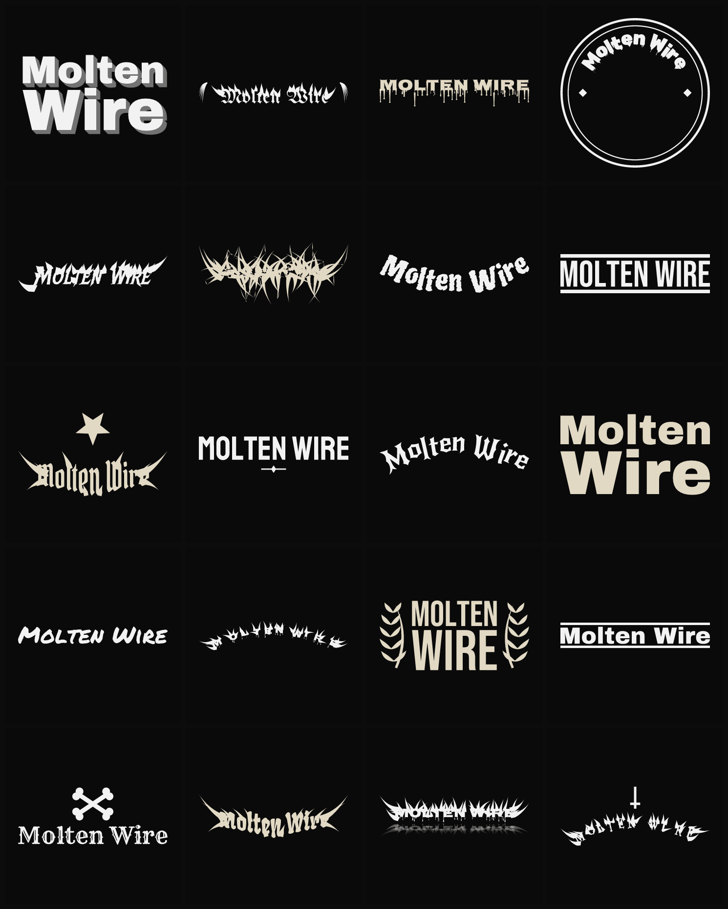 Twenty Molten Wire band logo ideas — different faces, treatments and spike settings