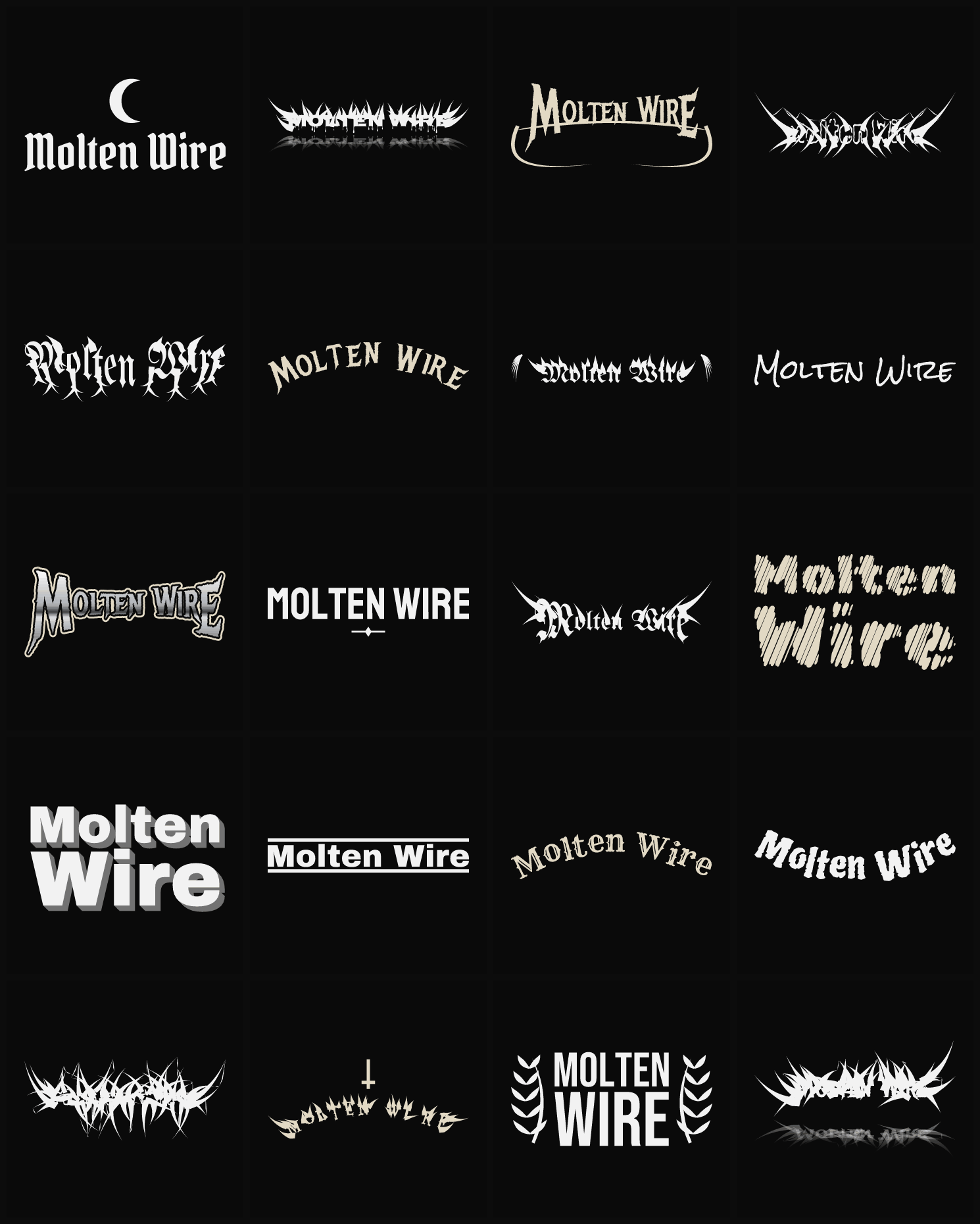 Twenty Molten Wire band logo ideas — different faces, treatments and spike settings