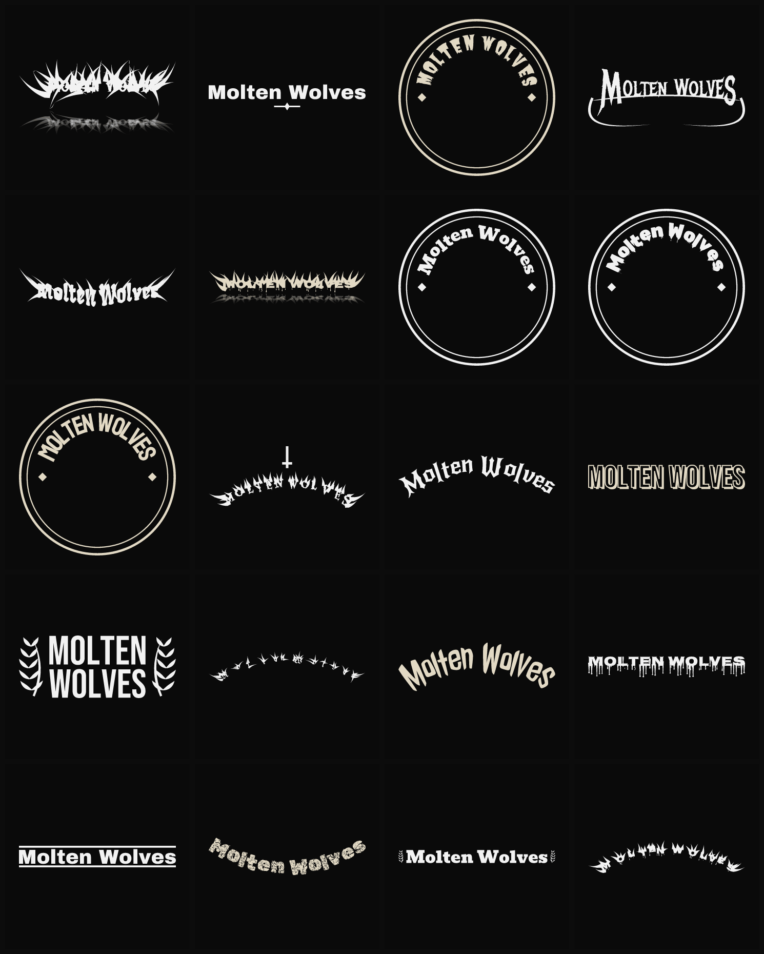 Twenty Molten Wolves band logo ideas — different faces, treatments and spike settings