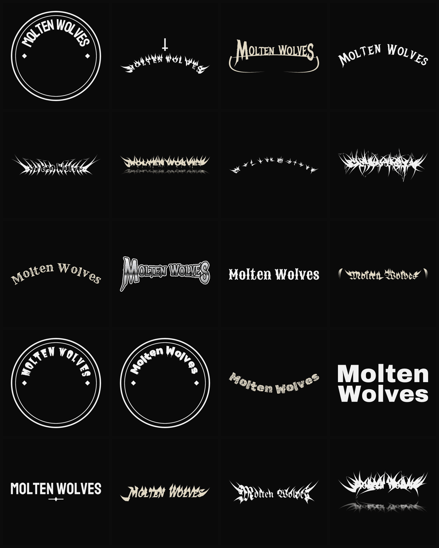 Twenty Molten Wolves band logo ideas — different faces, treatments and spike settings