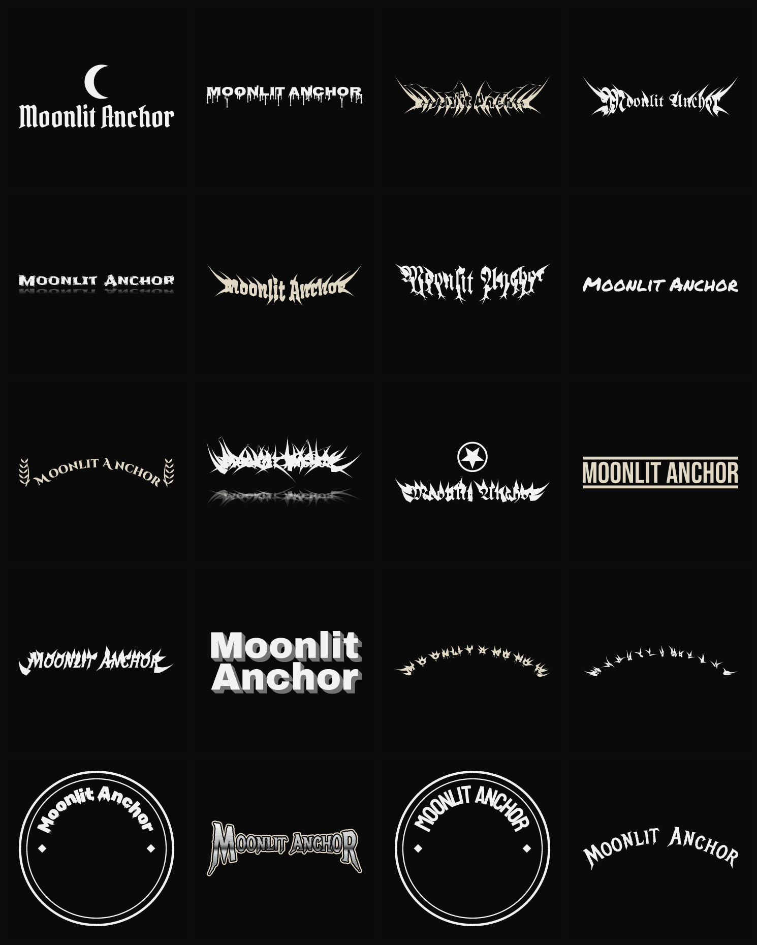 Twenty Moonlit Anchor band logo ideas — different faces, treatments and spike settings