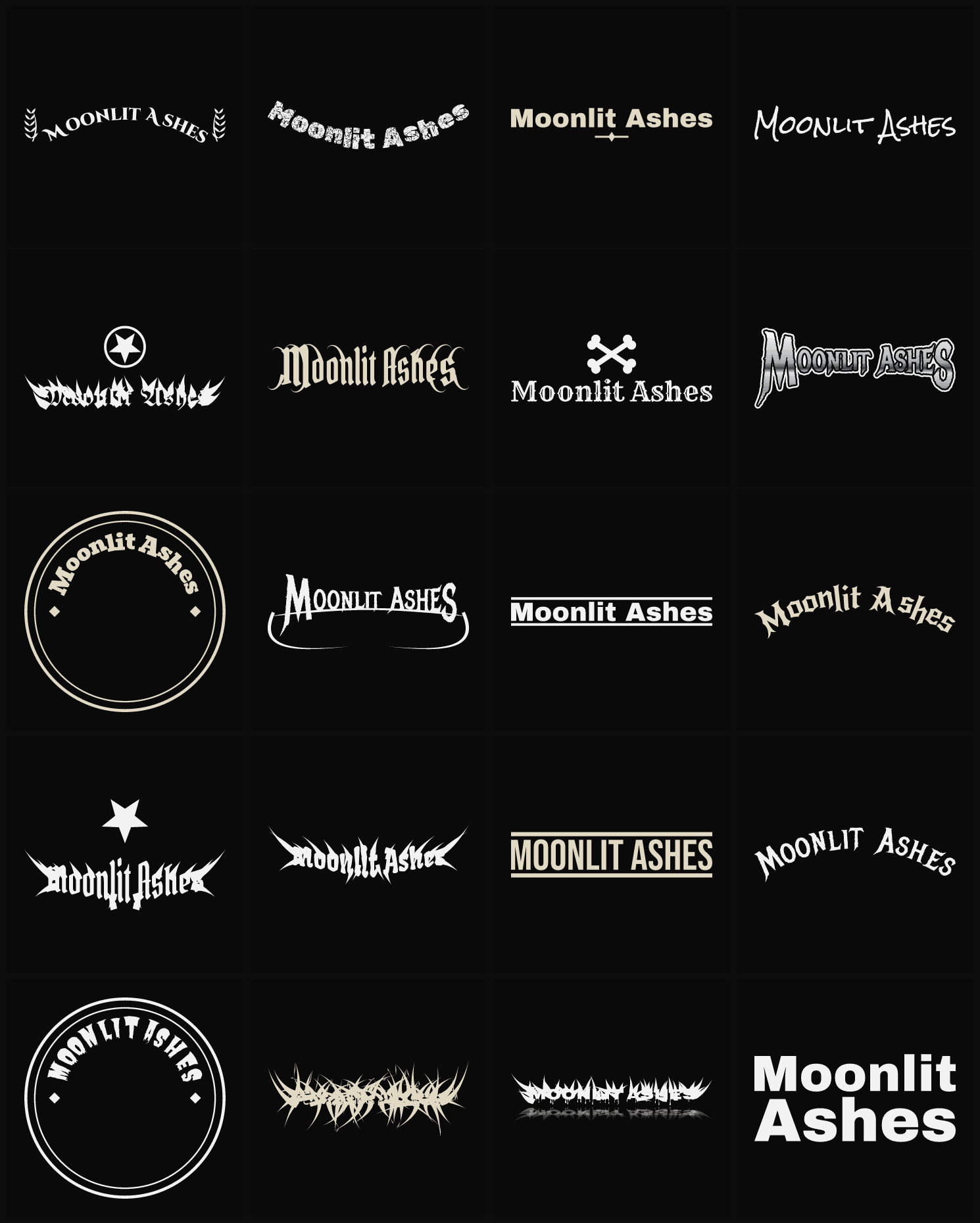 Twenty Moonlit Ashes band logo ideas — different faces, treatments and spike settings