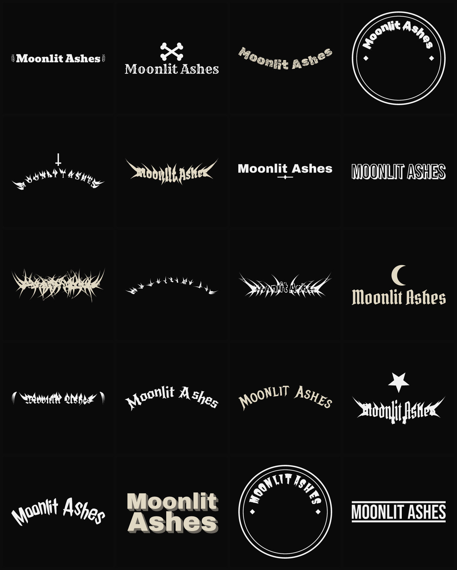 Twenty Moonlit Ashes band logo ideas — different faces, treatments and spike settings