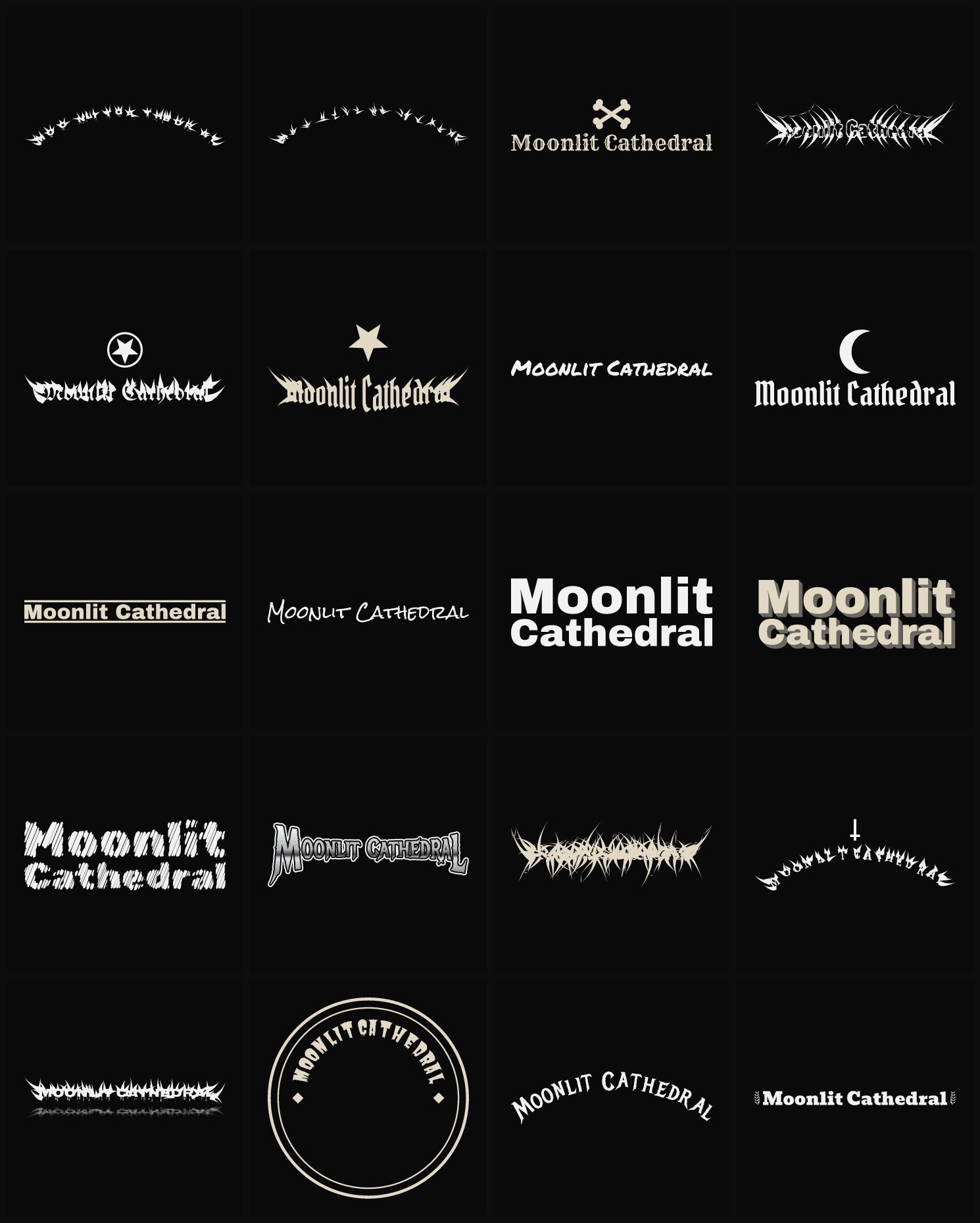 Twenty Moonlit Cathedral band logo ideas — different faces, treatments and spike settings