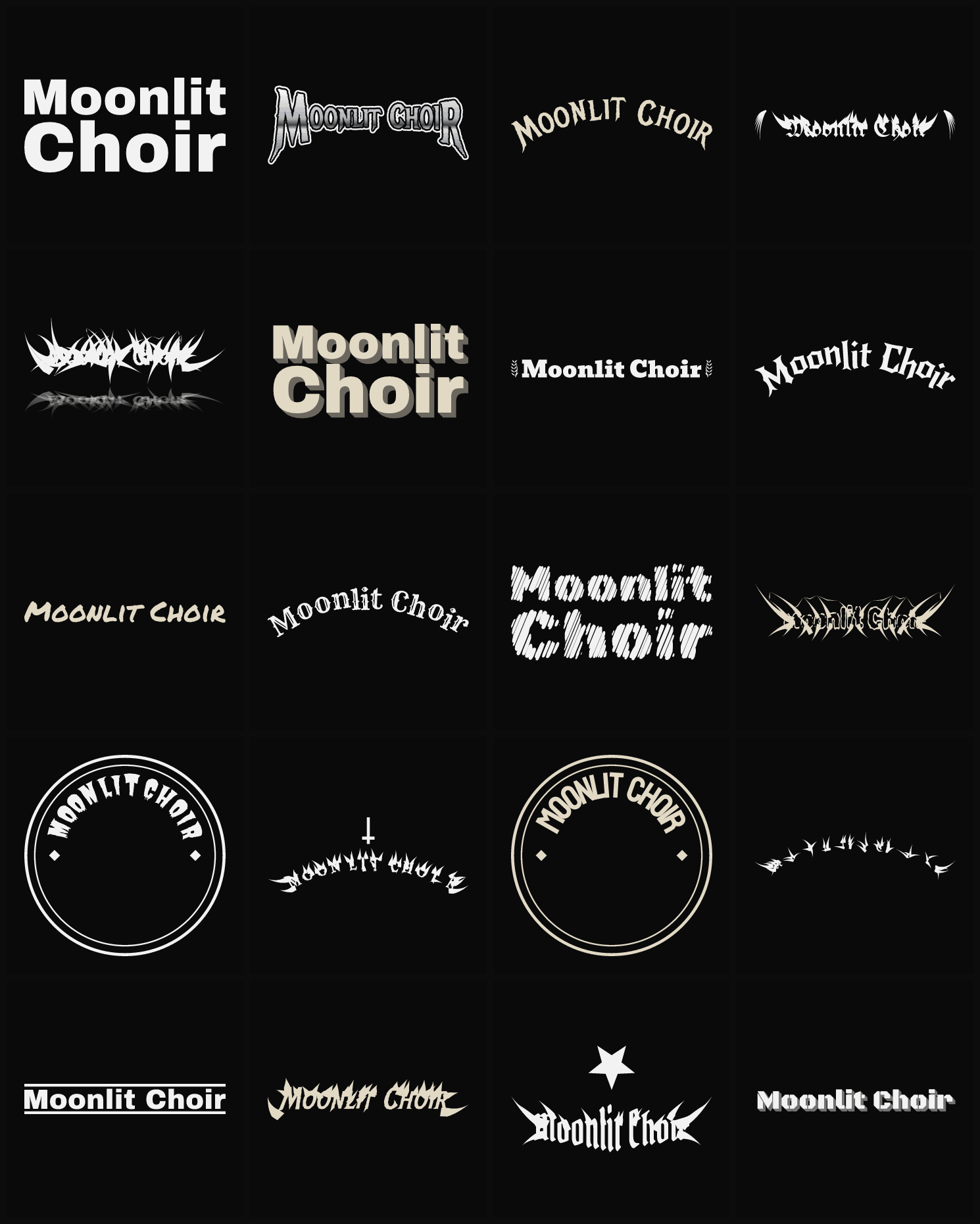 Twenty Moonlit Choir band logo ideas — different faces, treatments and spike settings