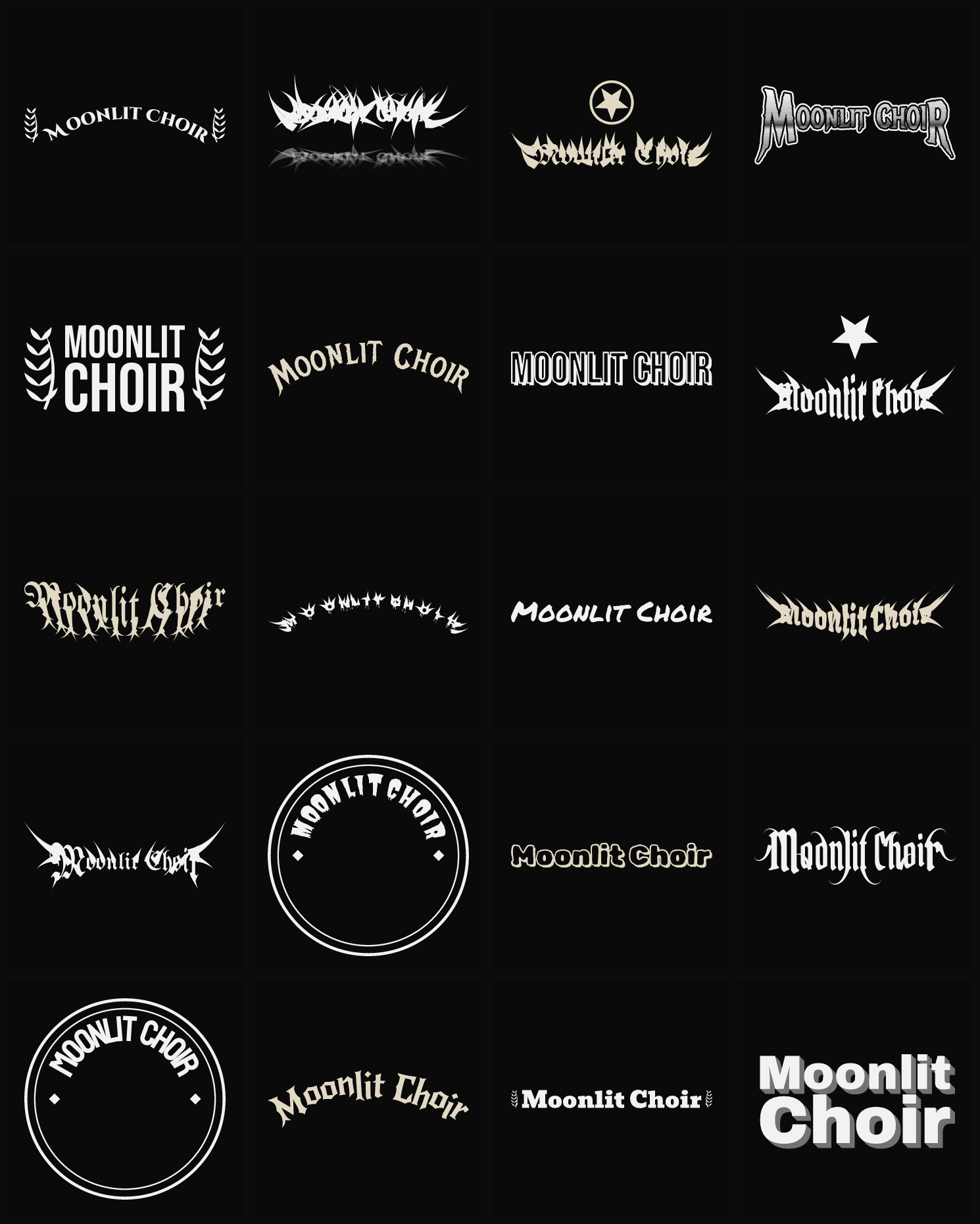 Twenty Moonlit Choir band logo ideas — different faces, treatments and spike settings