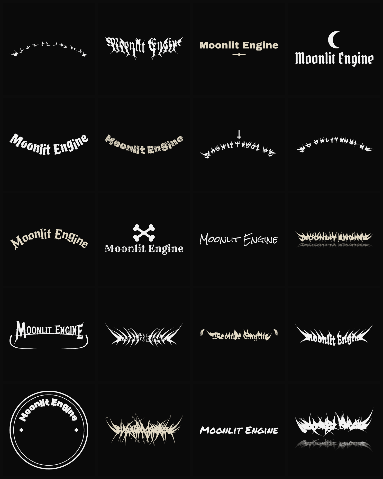 Twenty Moonlit Engine band logo ideas — different faces, treatments and spike settings