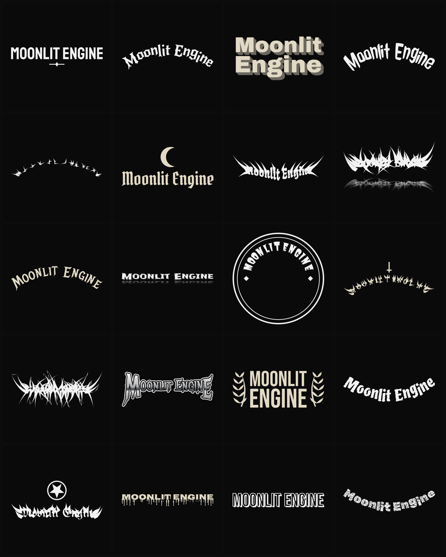 Twenty Moonlit Engine band logo ideas — different faces, treatments and spike settings
