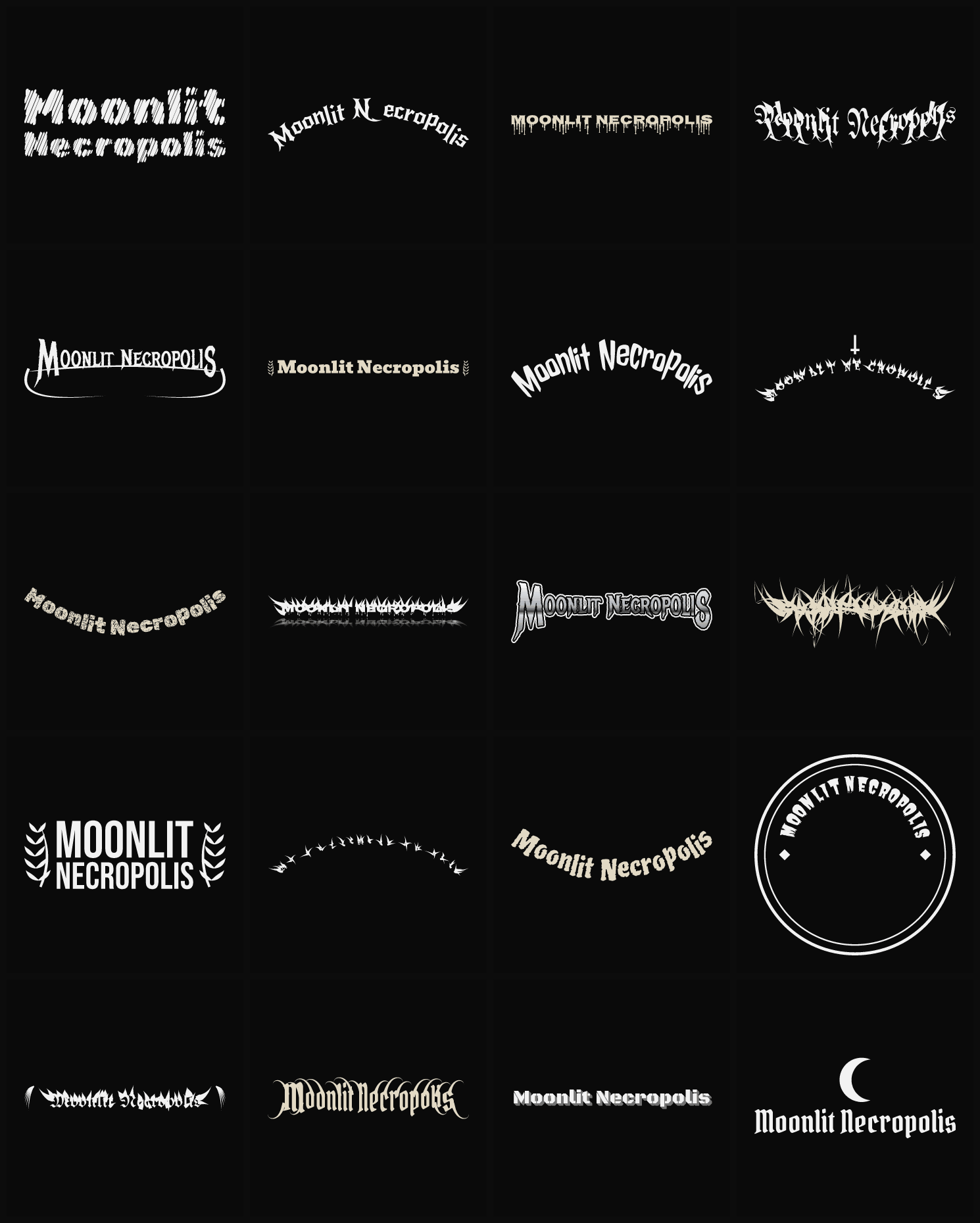 Twenty Moonlit Necropolis band logo ideas — different faces, treatments and spike settings